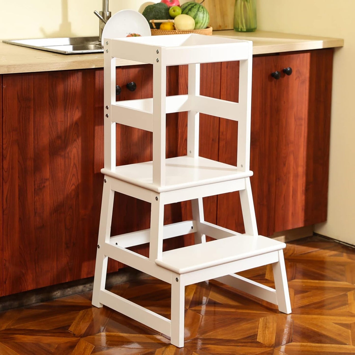 Wiifo Wooden Toddler Step Stool with Safety Rail Sturdy Stepping Tower White NEW
