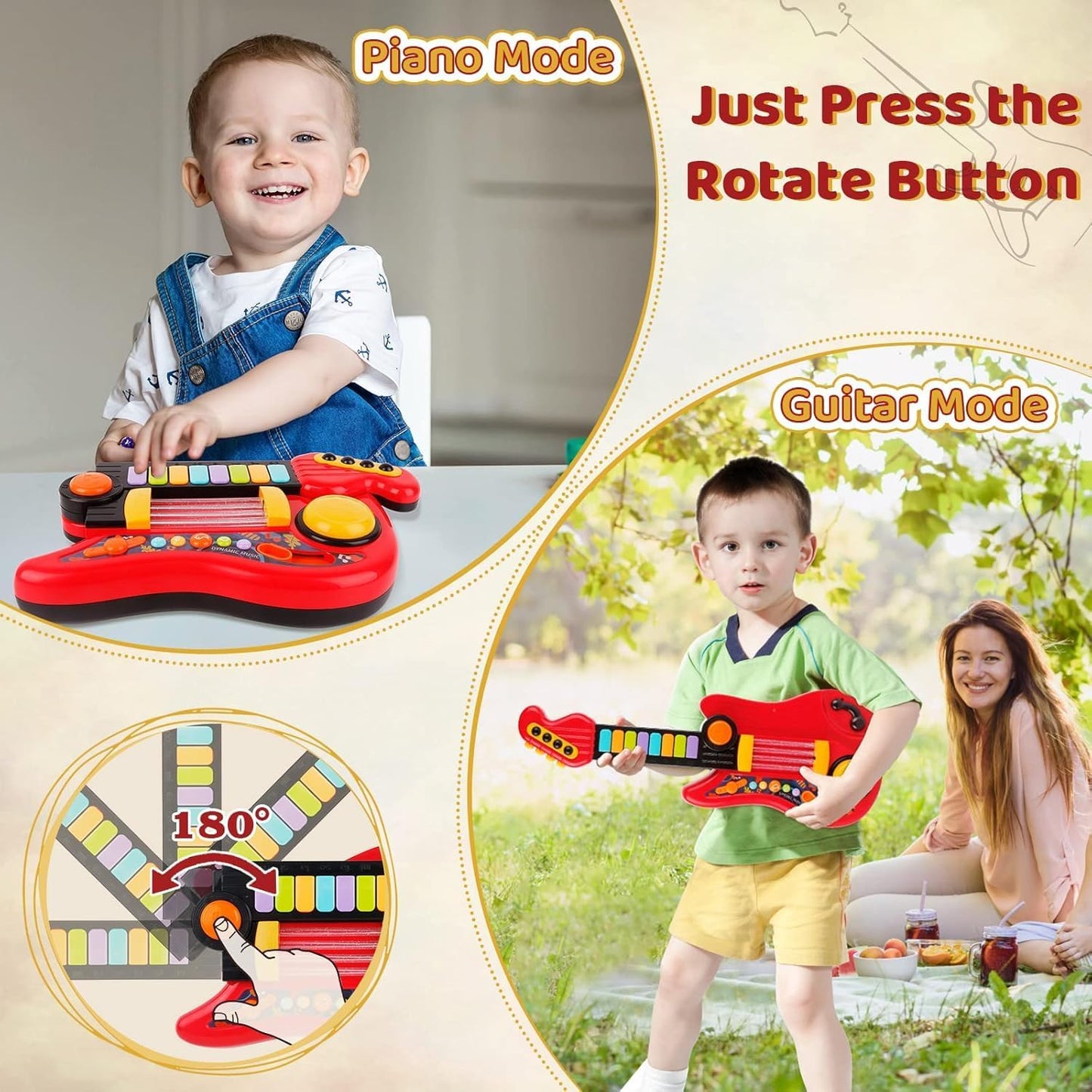 Bytebliss 2-in-1 Musical Toy Instruments: Piano and Electric Guitar RED DEMO
