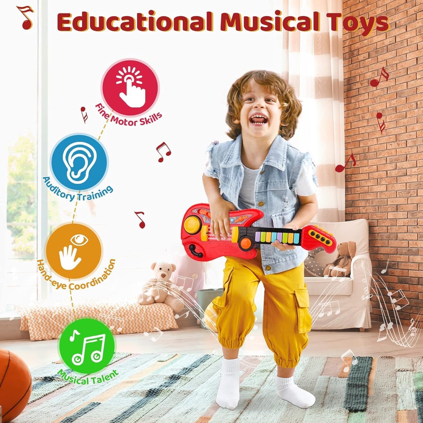 Bytebliss 2-in-1 Musical Toy Instruments: Piano and Electric Guitar RED DEMO