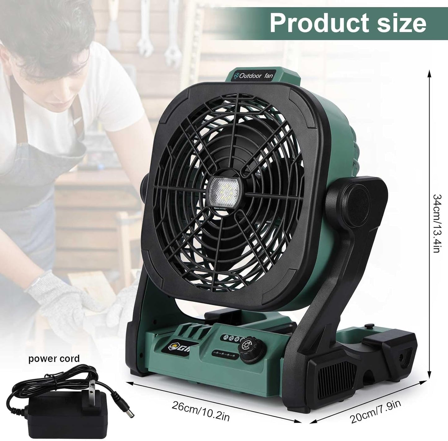 BokMaTon Portable Fan Jobsite & Camping With Power Cord & Battery Slot Green NEW