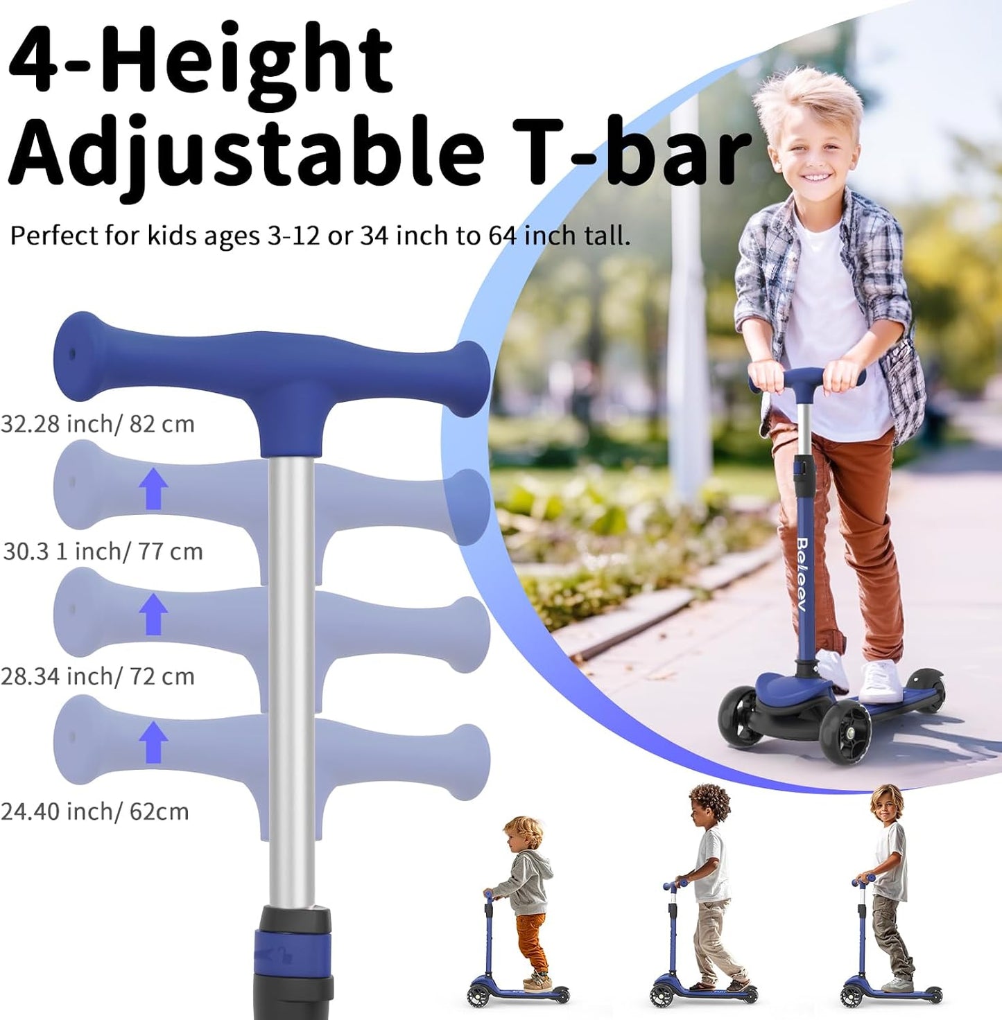 BELEEV 3-Wheel Scooters Folding Scooter for Toddlers, Navy Blue, Sturdy NEW