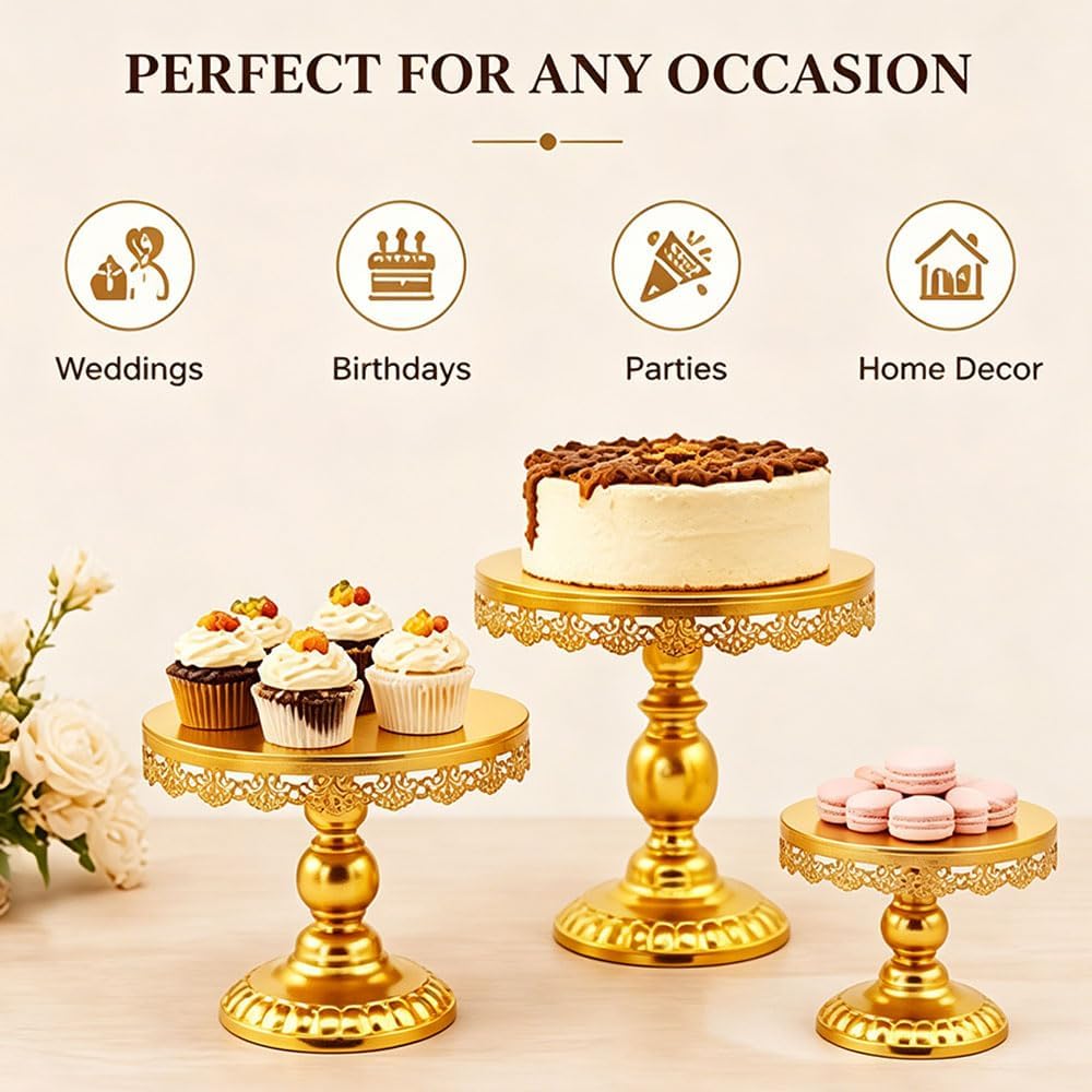 FLORVIAN 3-Piece Round Cake Stand Set with Gold Pedestal Dessert Holder NEW