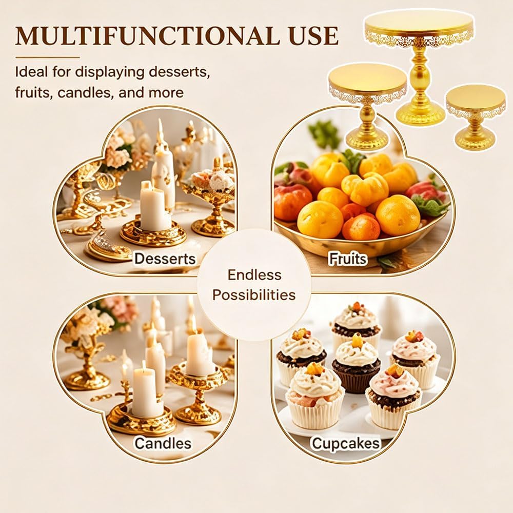 FLORVIAN 3-Piece Round Cake Stand Set with Gold Pedestal Dessert Holder NEW