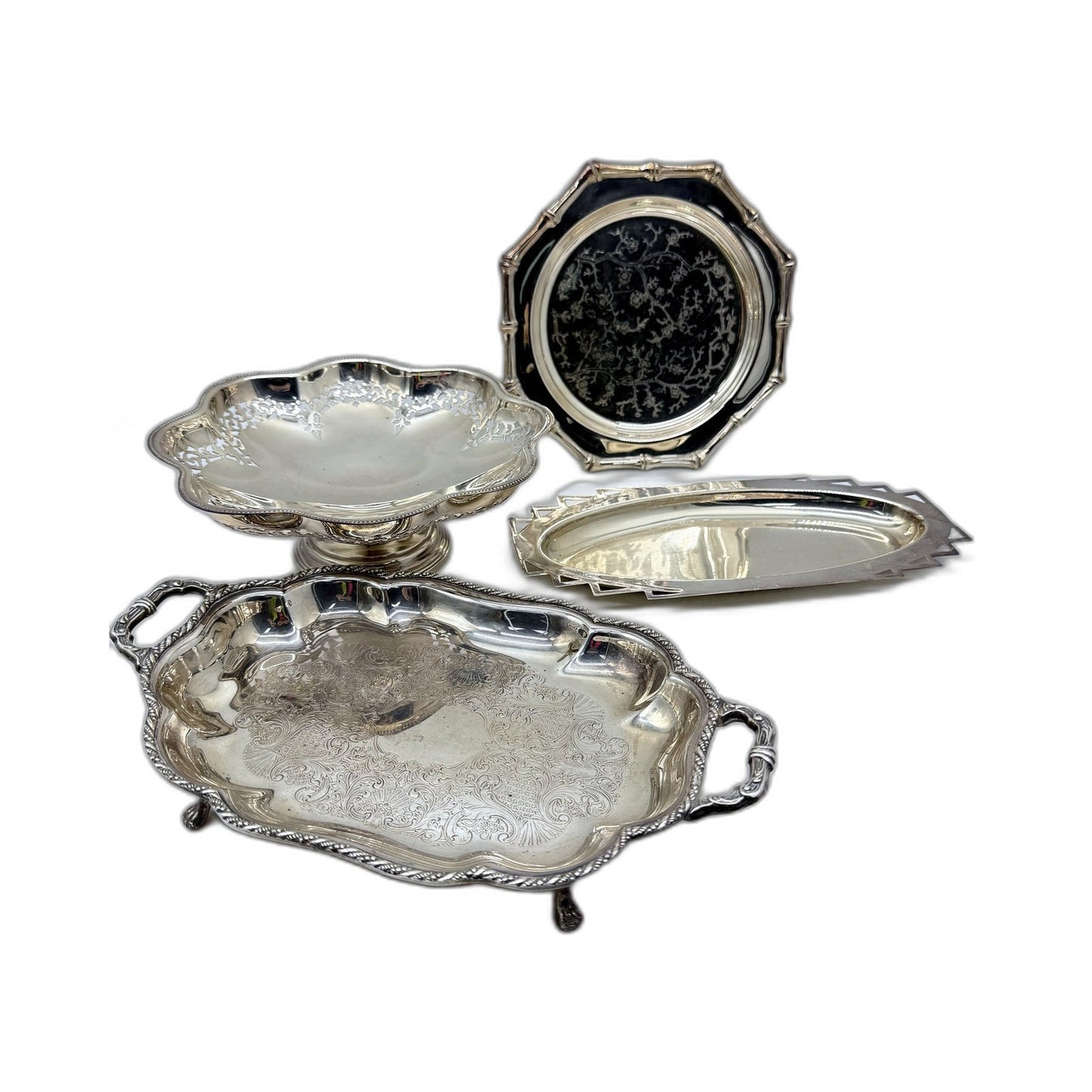 Various Brands & Style Silver Plated Decorative Vintage Serving Trays 4 Pack Set