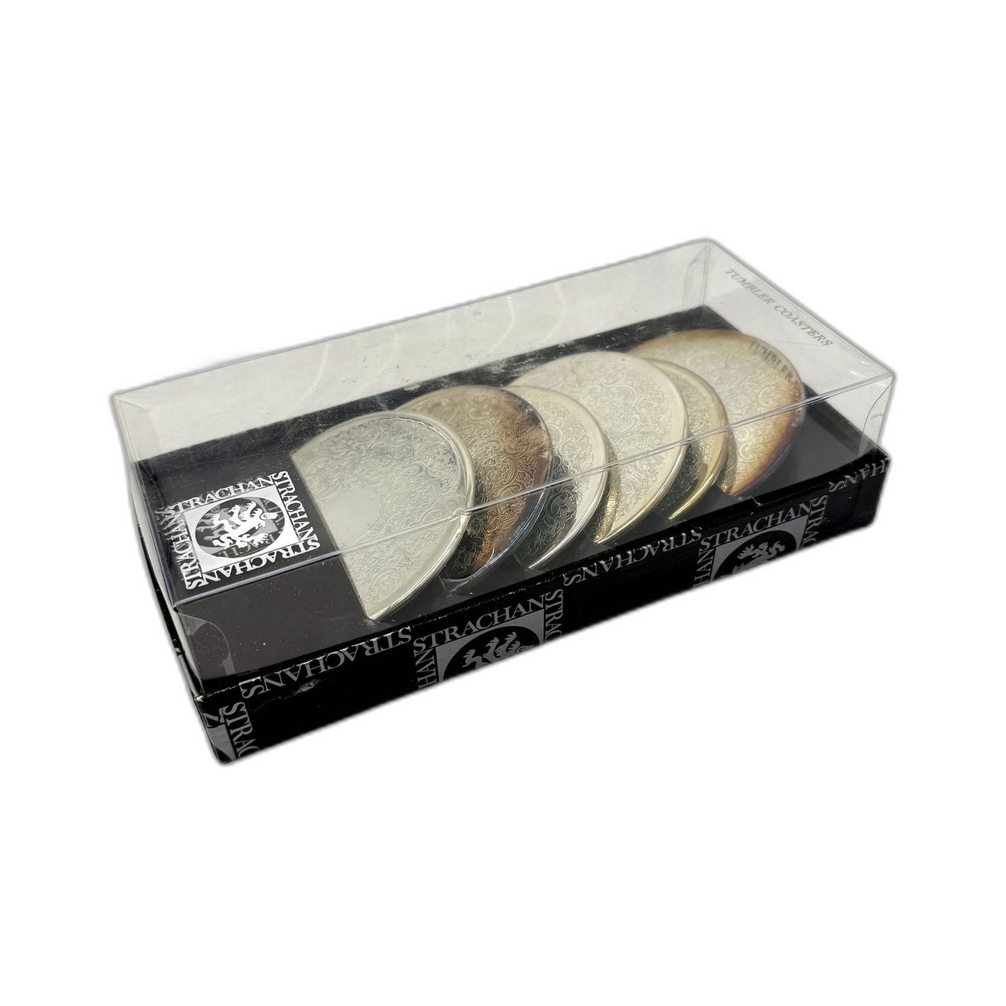 RETRO Strachan Original Packaging 6x Decorative Tumbler Coasters Silver Plate
