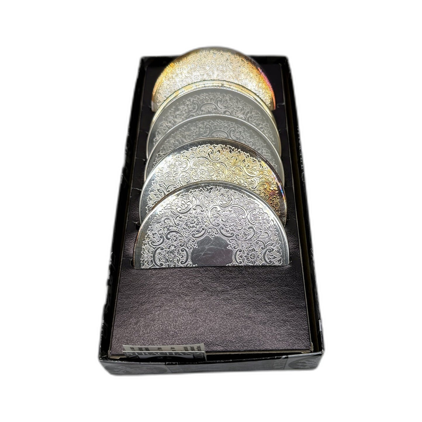 RETRO Strachan Original Packaging 6x Decorative Tumbler Coasters Silver Plate