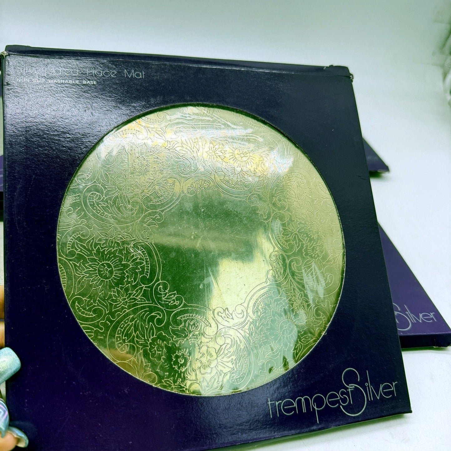 RETRO Tempest Silver Decorative Floral Engraved Green Placemates - 6 Piece Set
