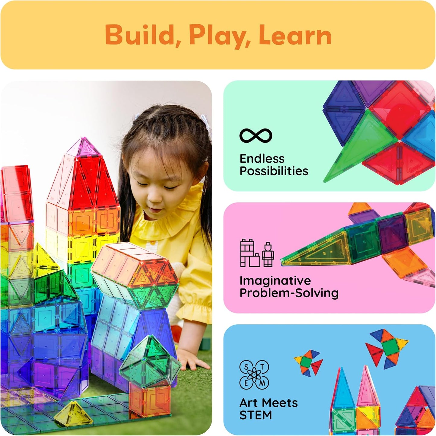 PicassoTiles Magnetic Building Tiles 60 Piece Sensory Toy for Toddlers Kids DEMO