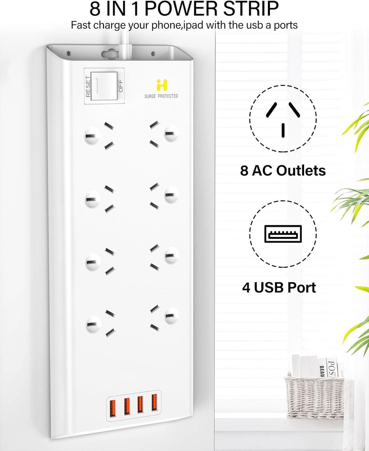 HEYMIX Tech 8-Outlet Power Strip Surge Protector with 4 USB Charging Ports NEW