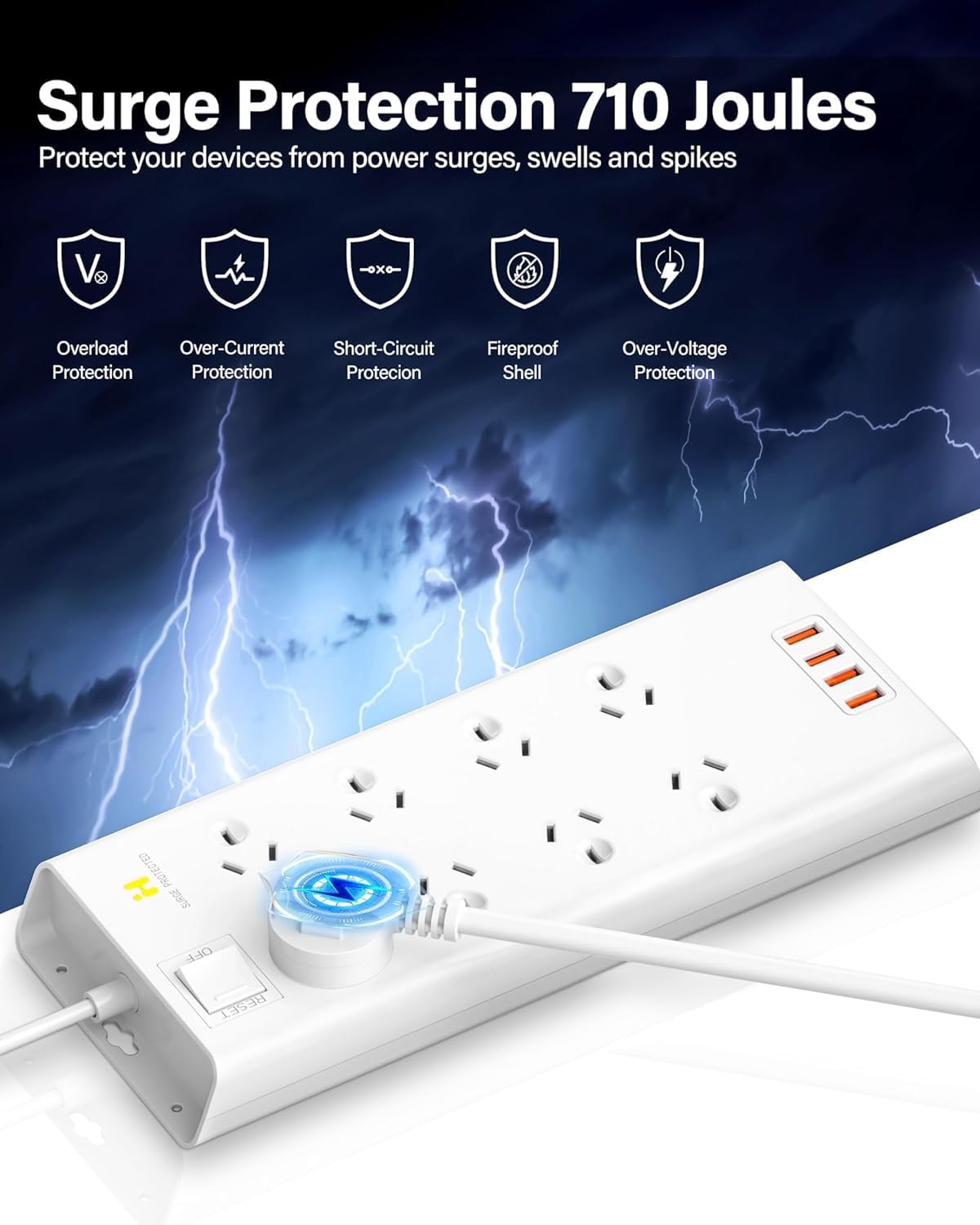 HEYMIX Tech 8-Outlet Power Strip Surge Protector with 4 USB Charging Ports NEW