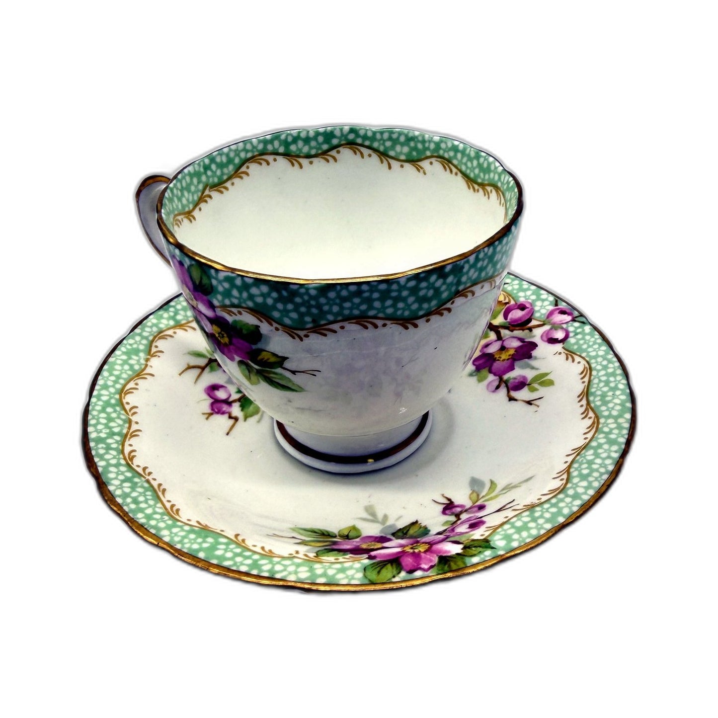 VINTAGE Delphine Bone China England Tea Cup and Saucer Set Green Orchard Floral