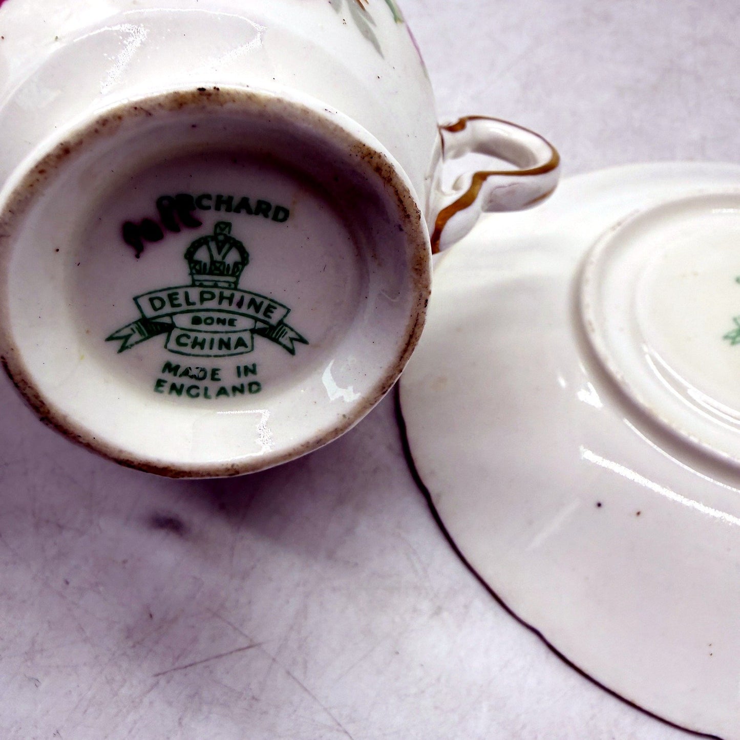VINTAGE Delphine Bone China England Tea Cup and Saucer Set Green Orchard Floral