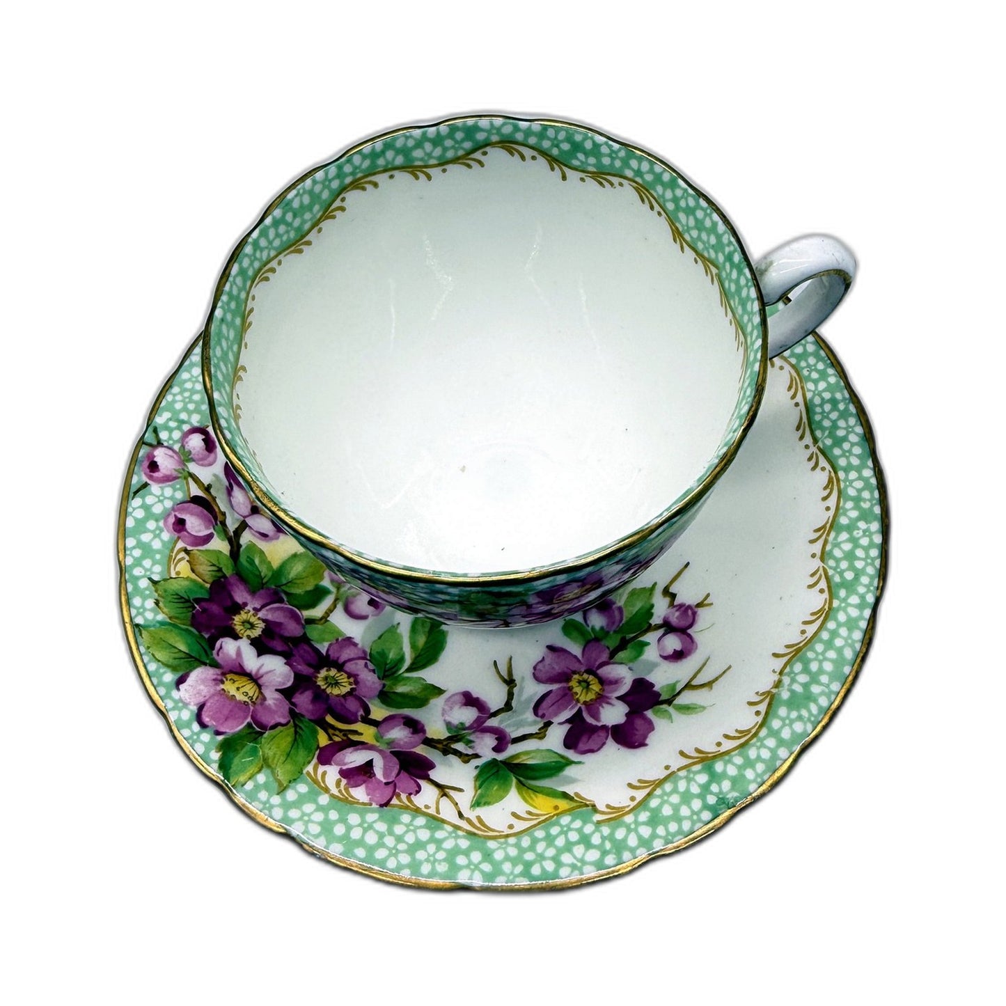 VINTAGE Delphine Bone China England Tea Cup and Saucer Set Green Orchard Floral