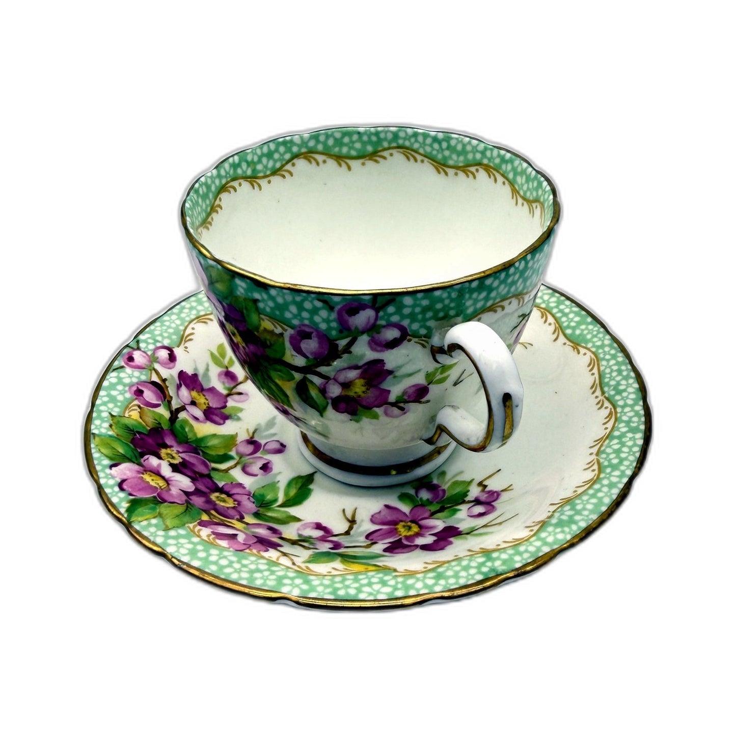 VINTAGE Delphine Bone China England Tea Cup and Saucer Set Green Orchard Floral