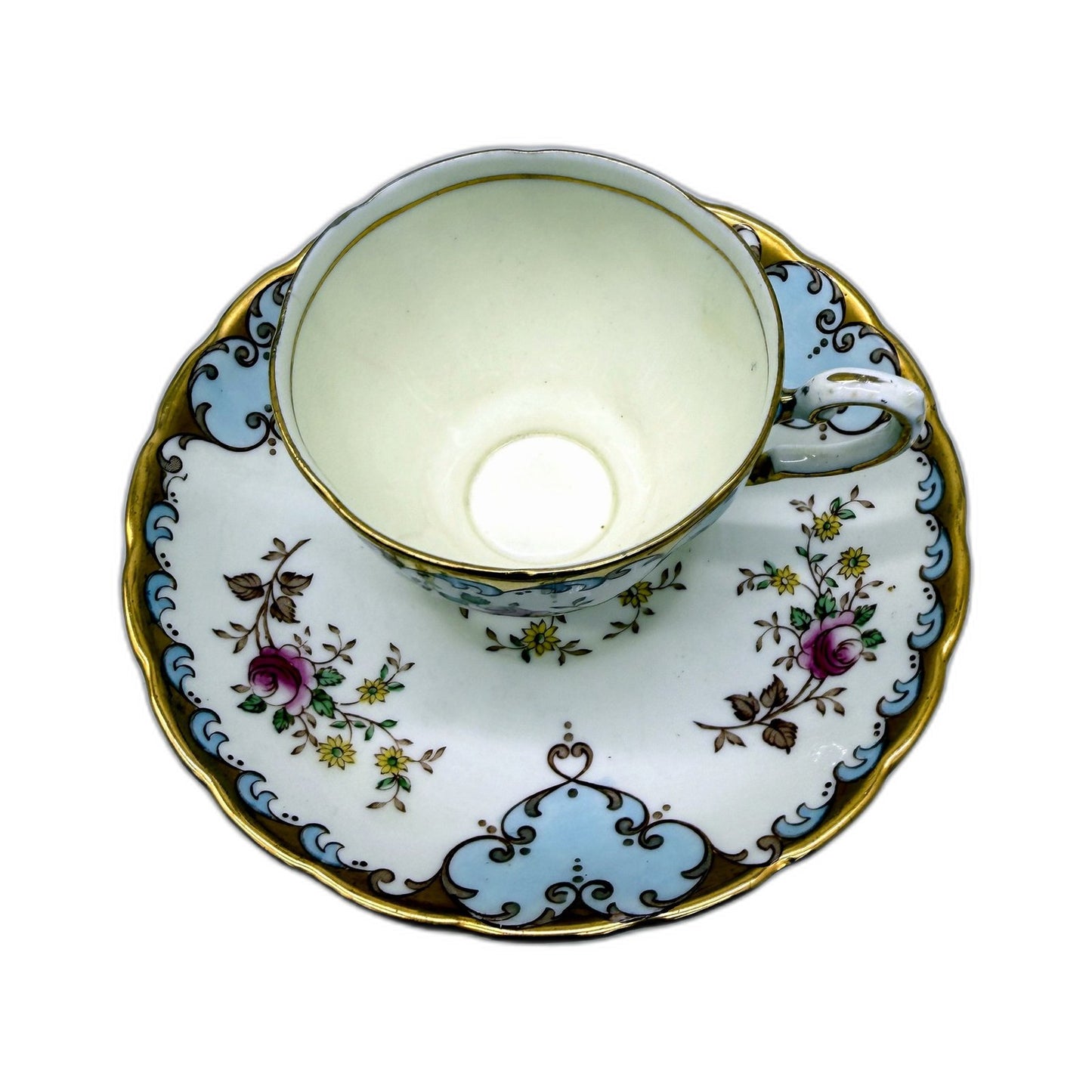 VINTAGE Tuscan China Porcelain Teacup and Saucer Set Floral Gold & Blue Tone
