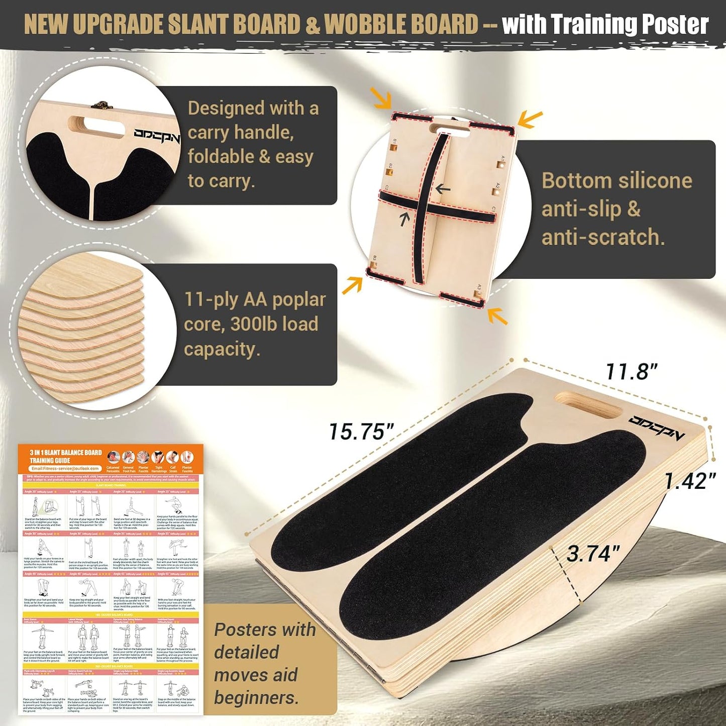 ODCPN 3-in-1 Slant & Balance Board 300 LBS Capacity Calf Stretch Trainer NEW
