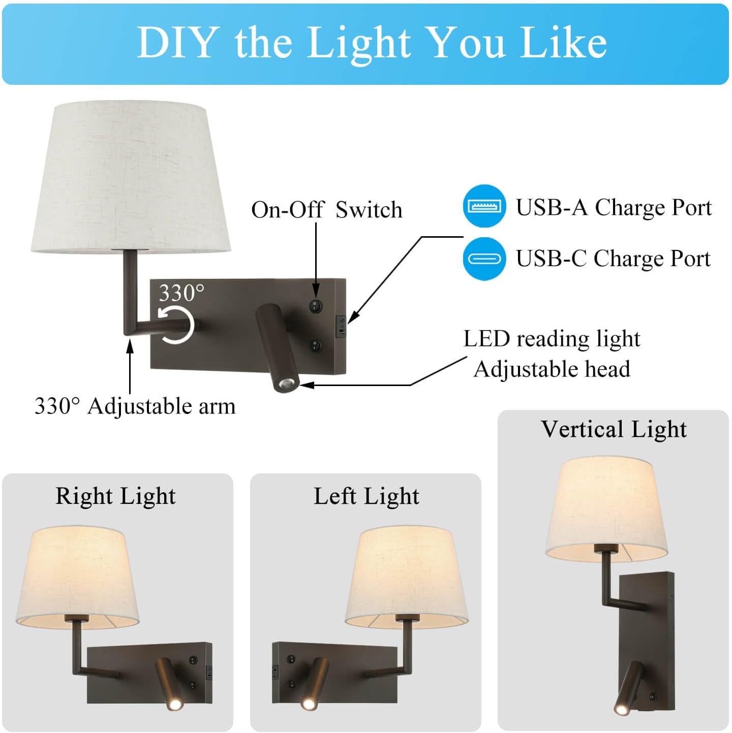 XiNBEi Lighting Bedside Wall Light with USB Adjustable Reading Lamp Dark NEW