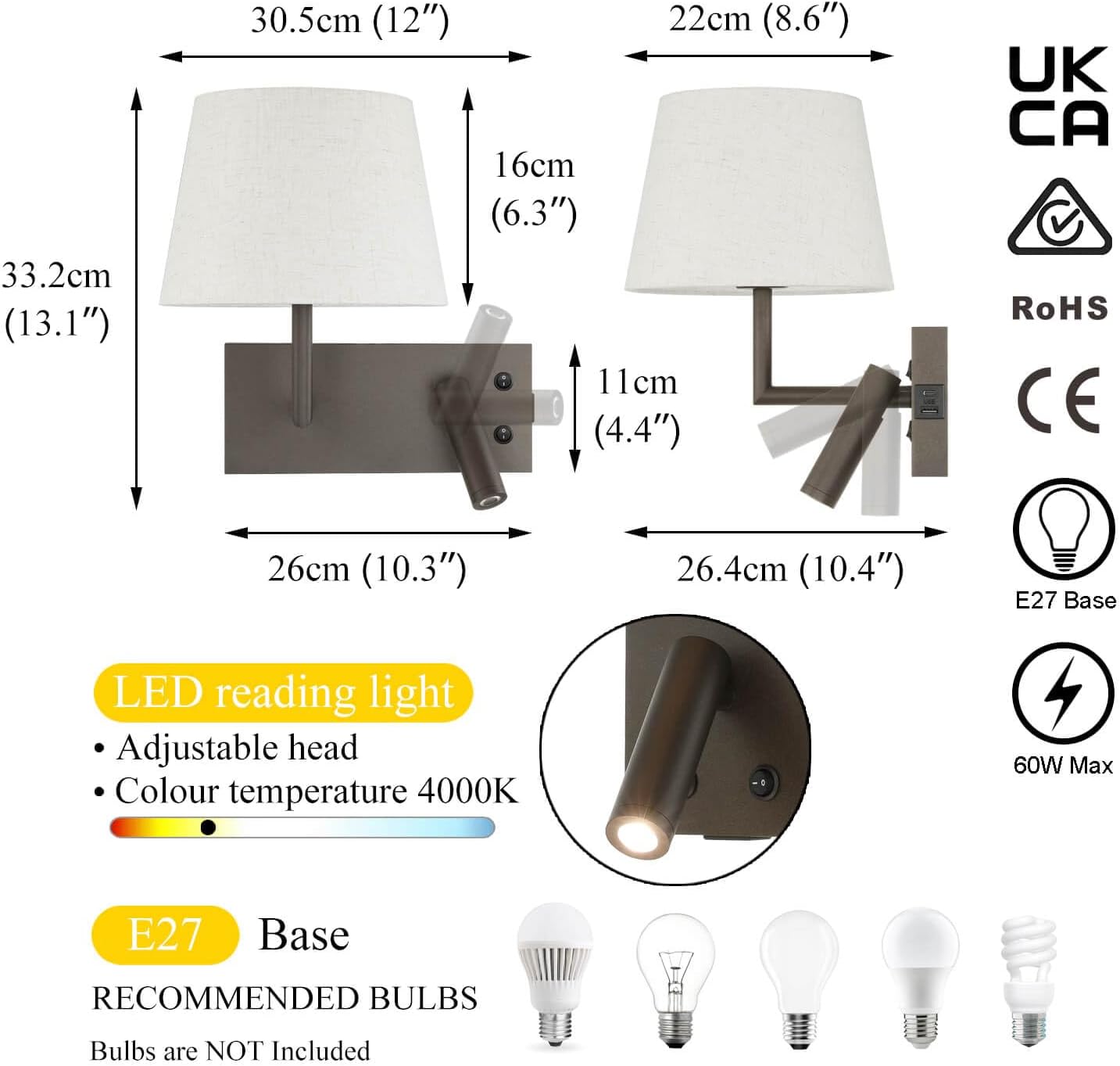 XiNBEi Lighting Bedside Wall Light with USB Adjustable Reading Lamp Dark NEW