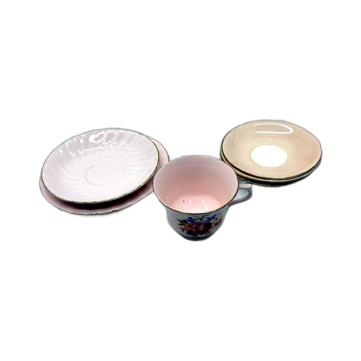 VINTAGE 6 Piece Assorted Brands PINK Fine Bone China Tea Cup & Saucers Set