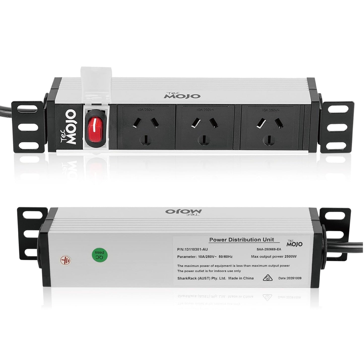 Tecmojo 1U Power Strip 3 Outlets Rack Mount PDU Reversible Mounting White NEW