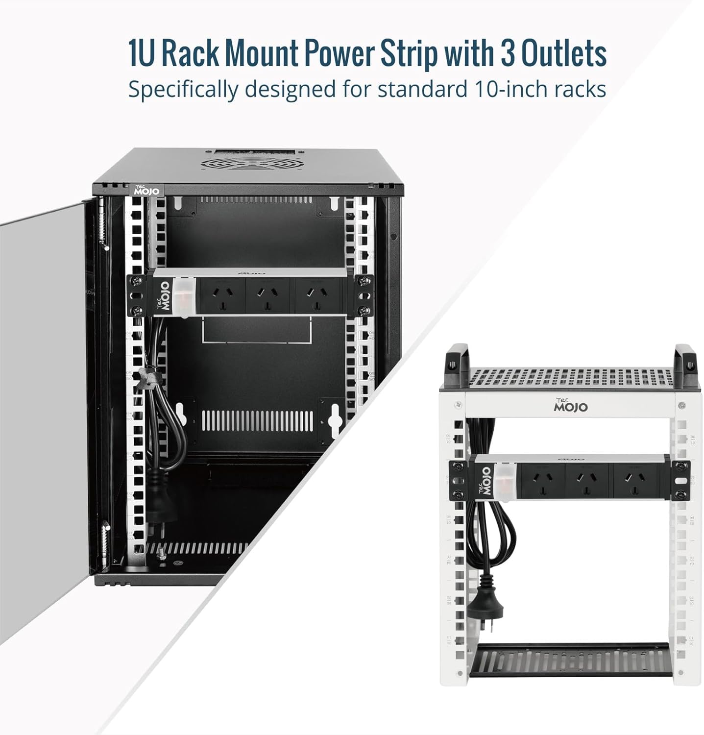 Tecmojo 1U Power Strip 3 Outlets Rack Mount PDU Reversible Mounting White NEW