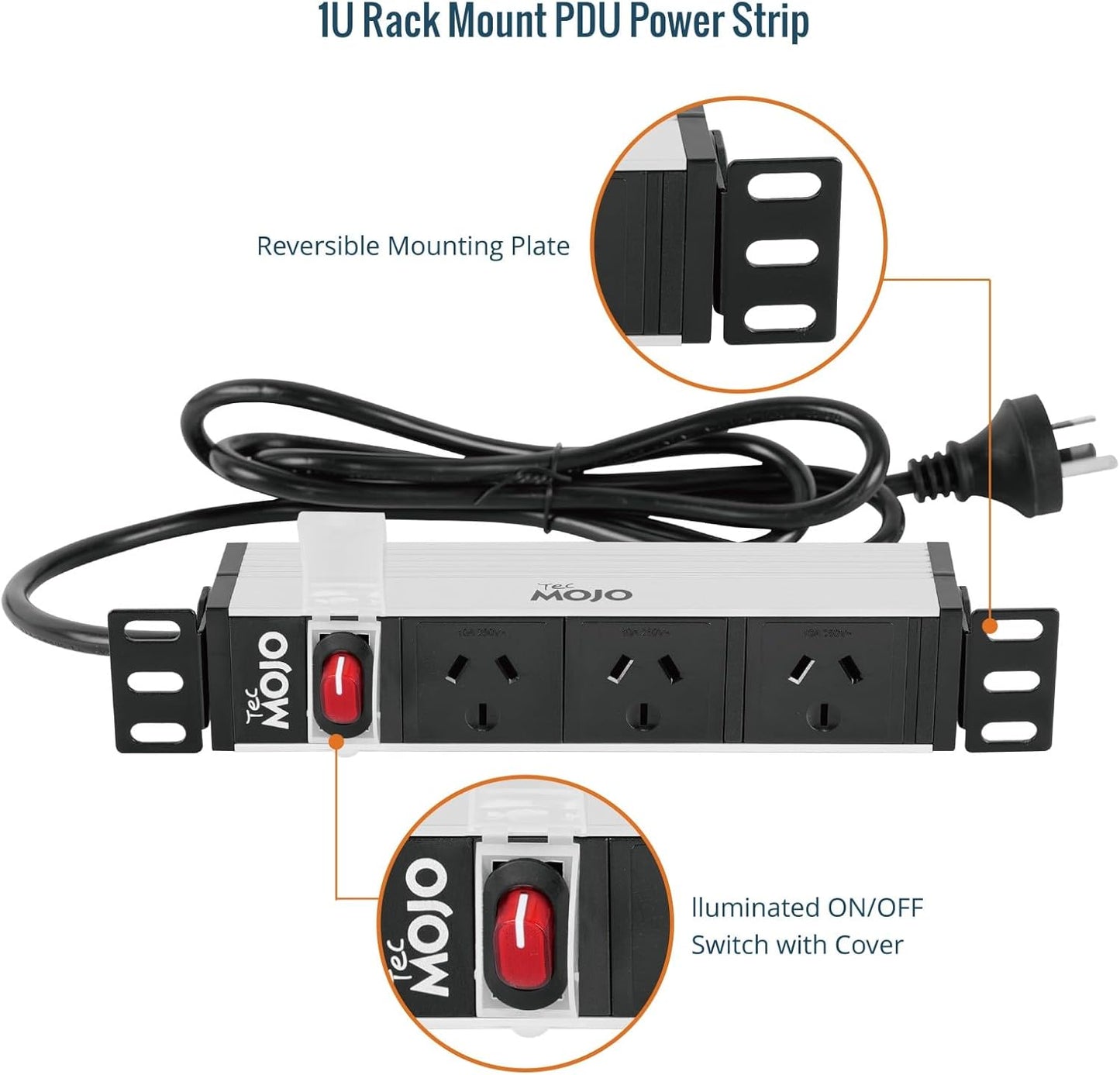 Tecmojo 1U Power Strip 3 Outlets Rack Mount PDU Reversible Mounting White NEW