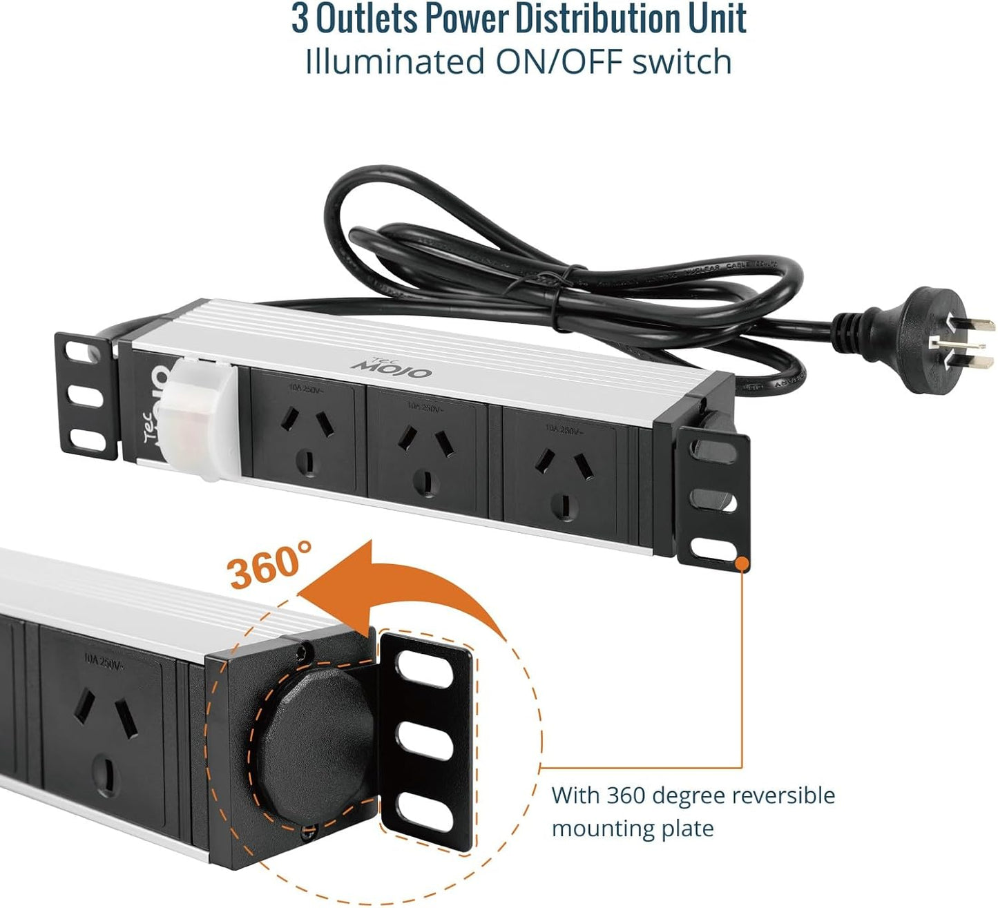 Tecmojo 1U Power Strip 3 Outlets Rack Mount PDU Reversible Mounting White NEW