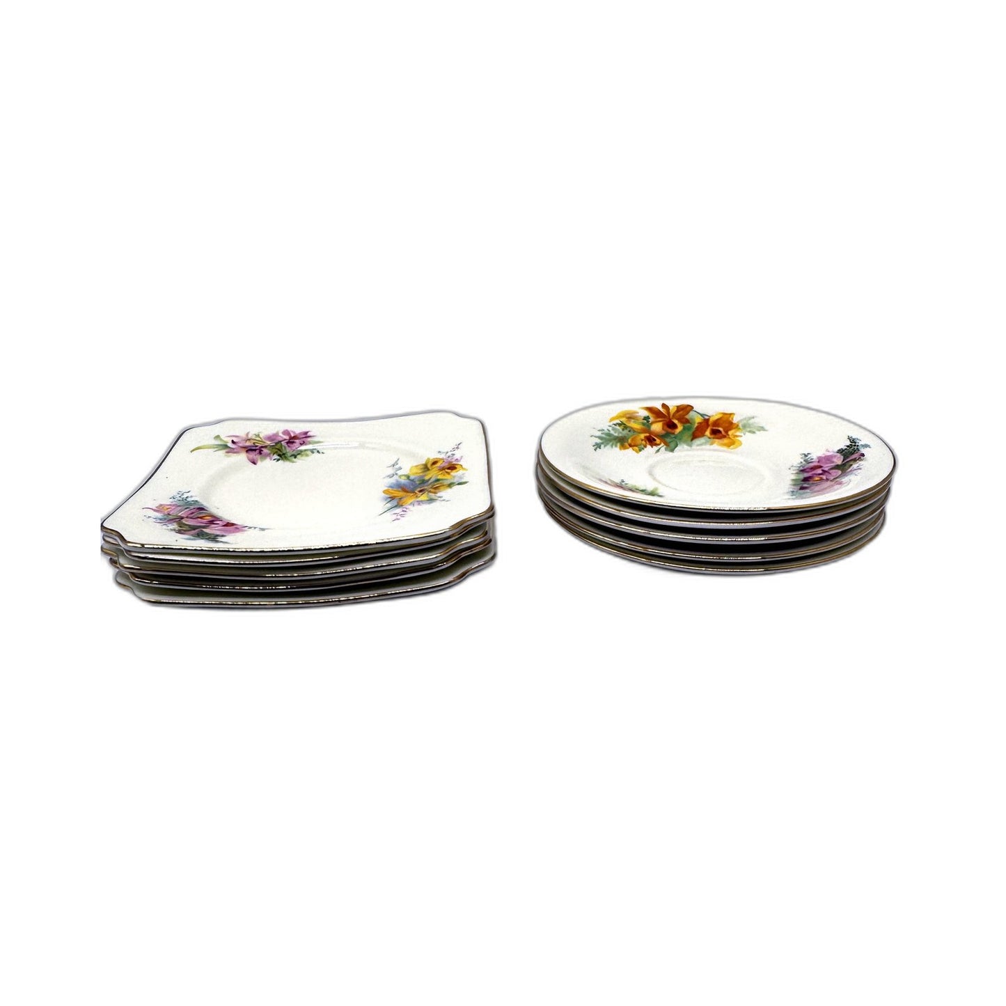 VINTAGE Royal Doulton Orchid Porcelain Saucer Set 10 Pieces Multi Color Floral