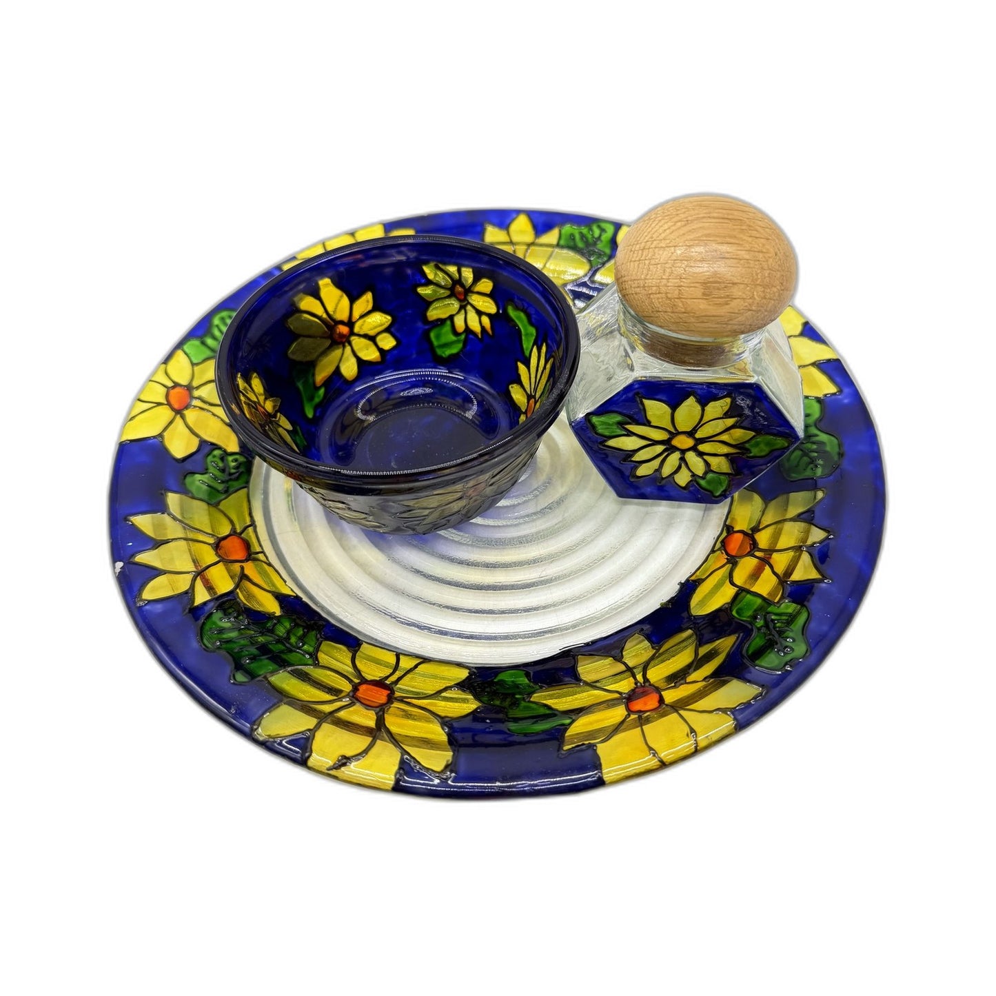Decorative 3-Piece Hand-Painted Floral Yellow Sunflower & Blue Glass Bowl Set
