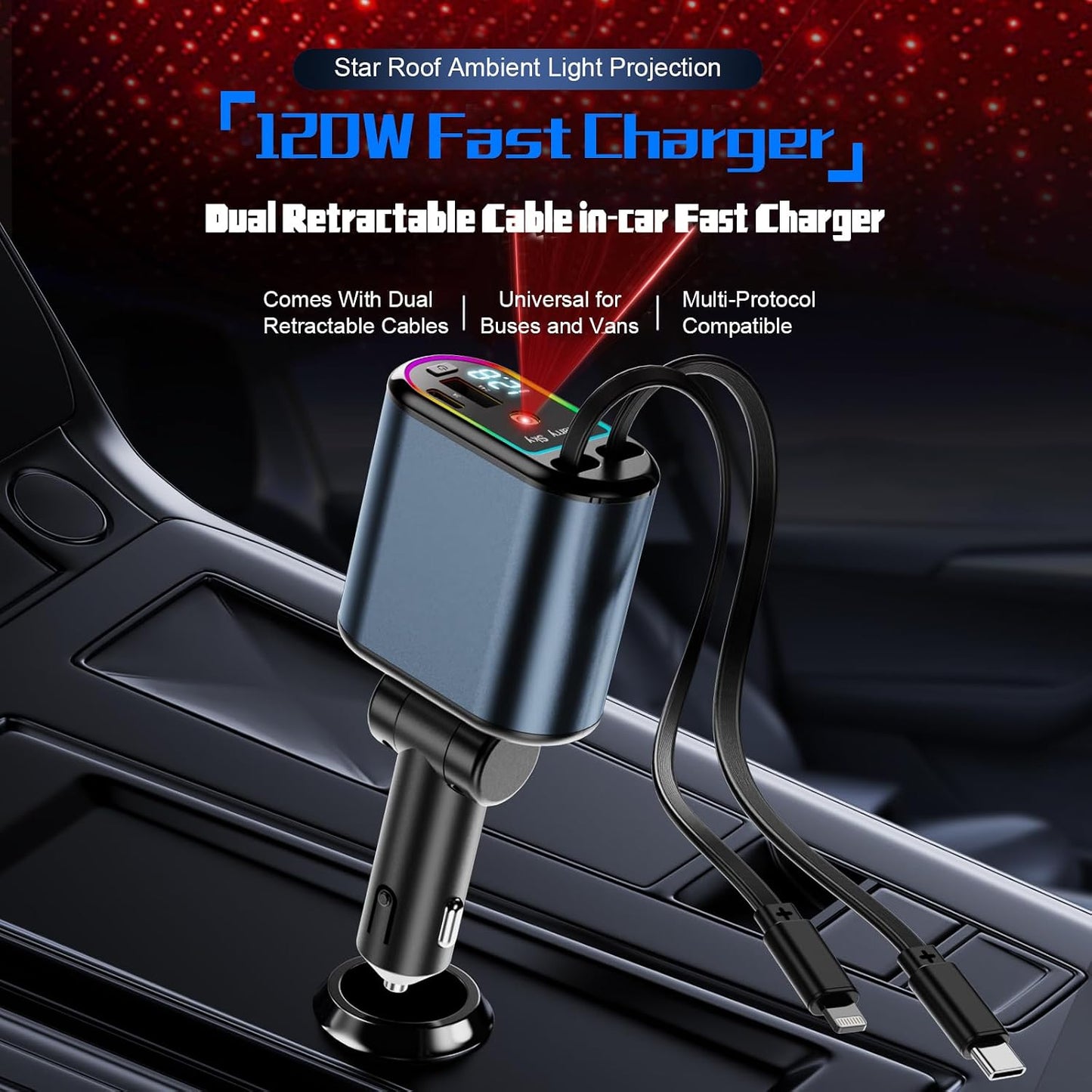 BZLMEAL 120W Automobile Chargers 4-in-1 USB-C Fast Charging Retractable DEMO