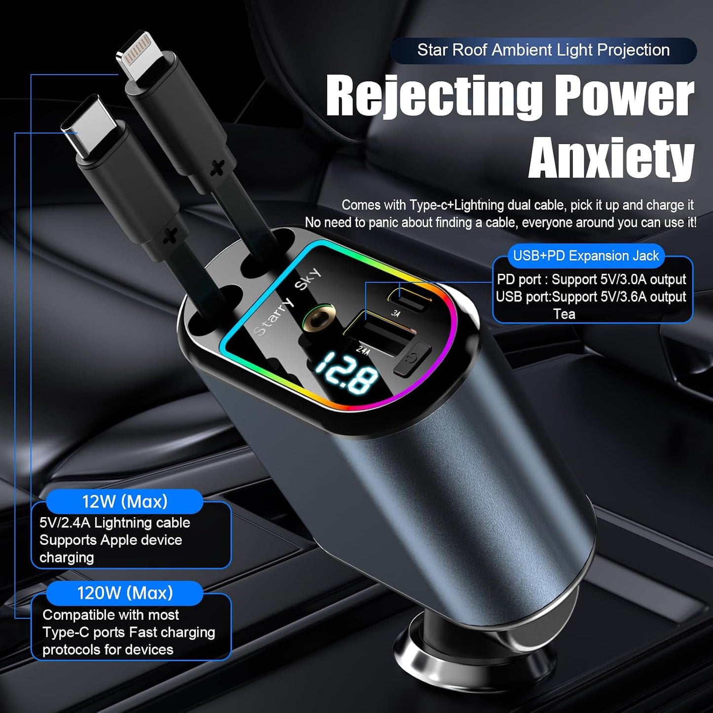 BZLMEAL 120W Automobile Chargers 4-in-1 USB-C Fast Charging Retractable DEMO