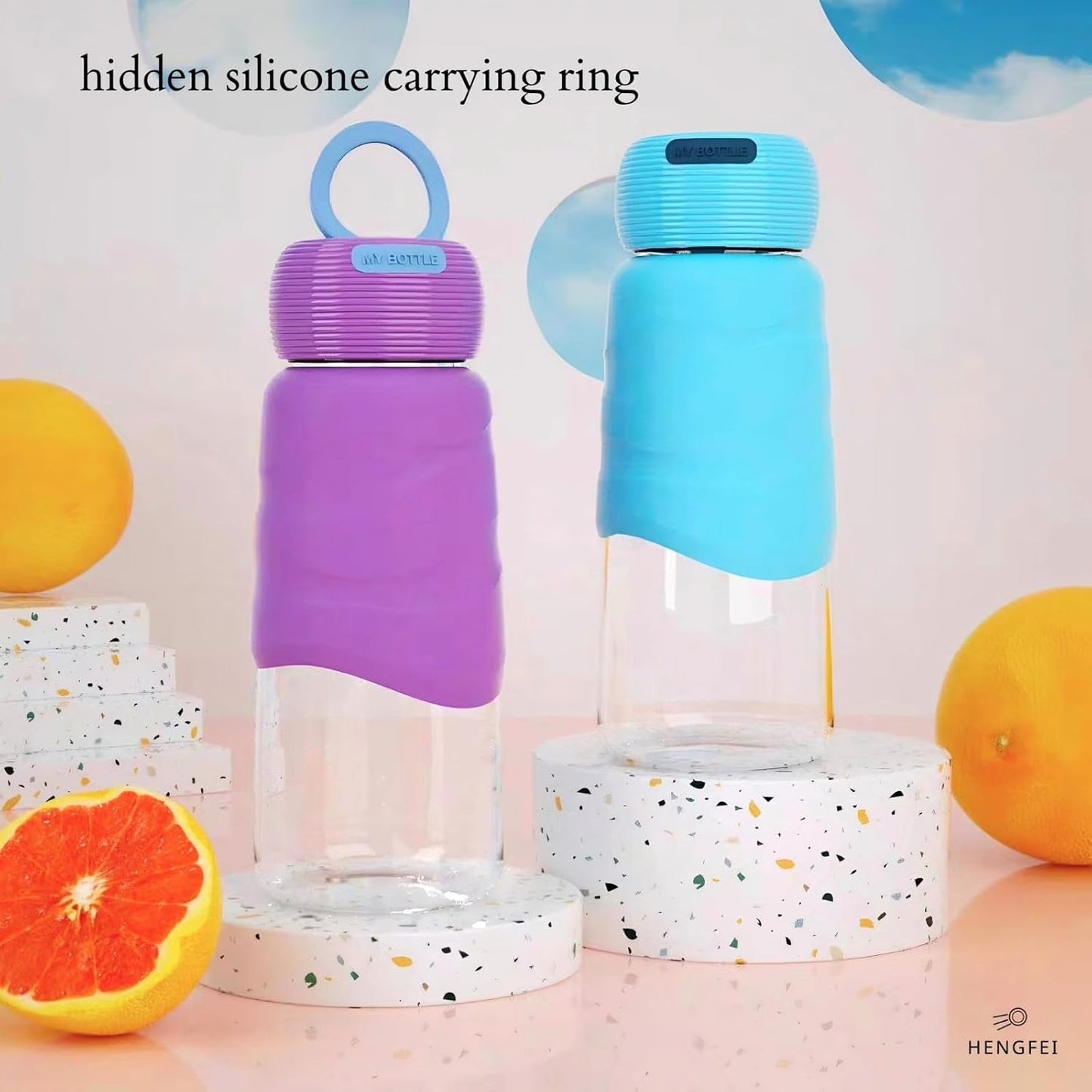 HENGFEI Borosilicate Glass Water Bottle 300ml with Silicone Sleeve Blue NEW