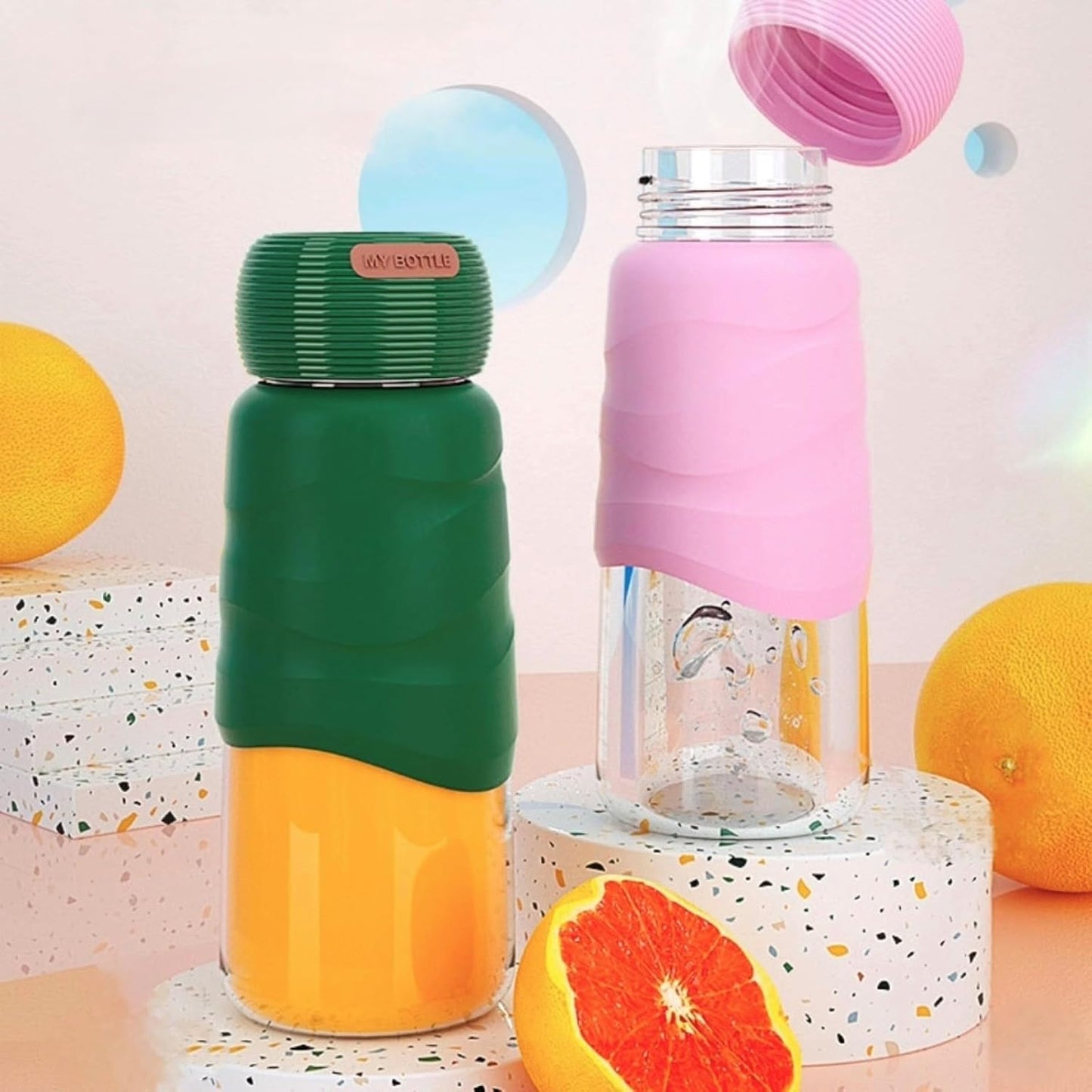 HENGFEI Borosilicate Glass Water Bottle 300ml with Silicone Sleeve Blue NEW