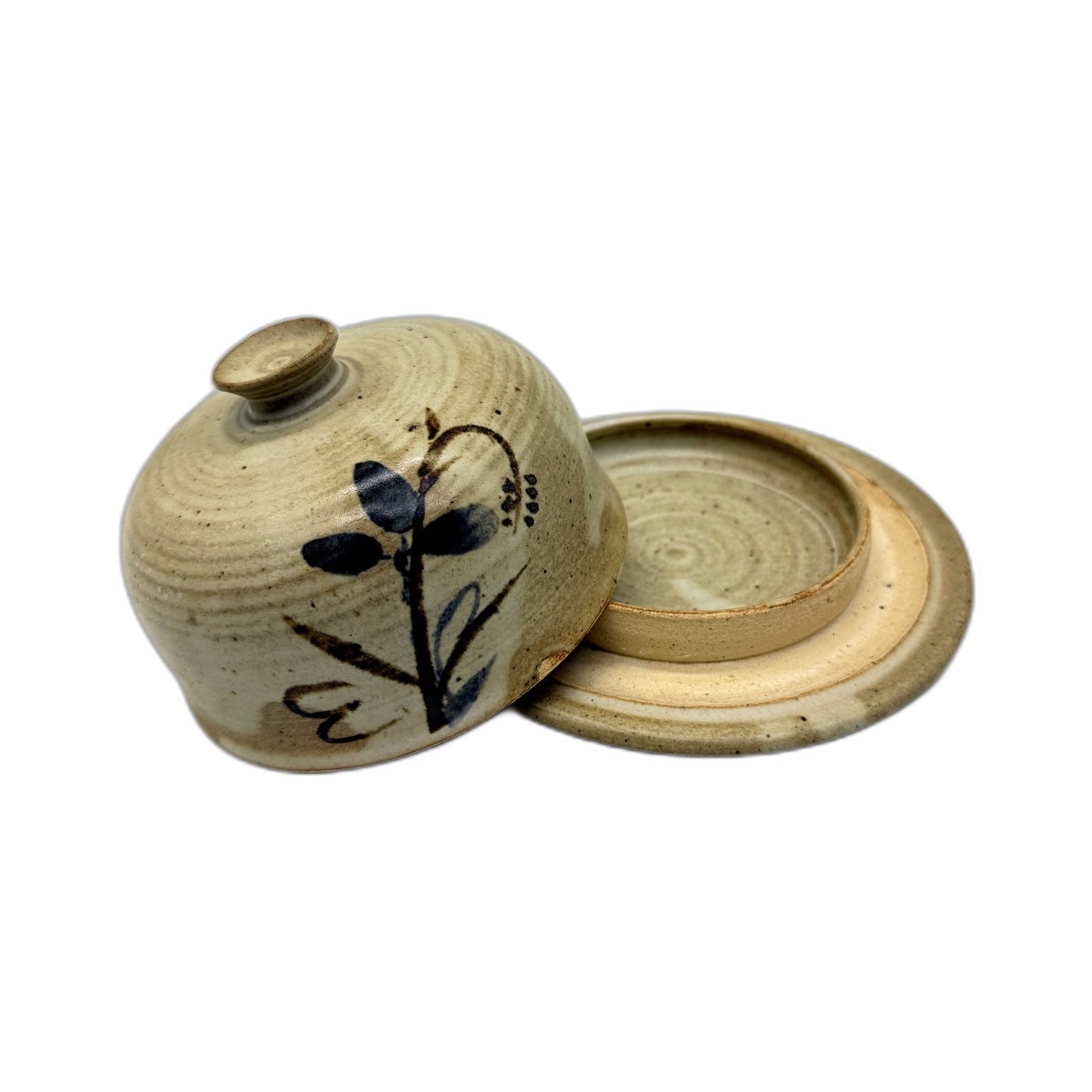 Australian Hand Crafted Mini Dome Lidded Dish Floral Design Tan Clay Pottery