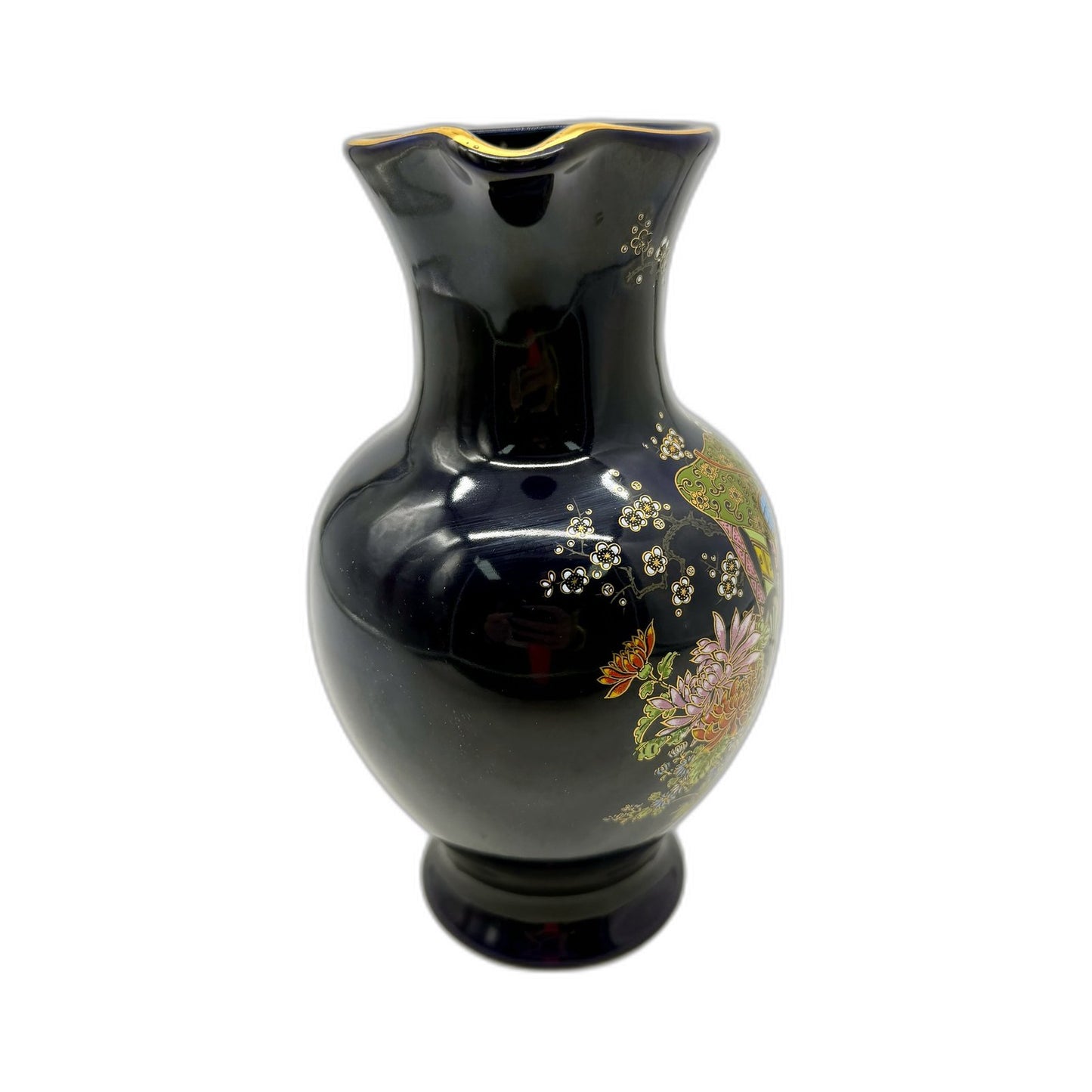 Cobalt Blue Decorative MADE IN JAPAN Ceramic Jug Vase with Vintage Floral Design