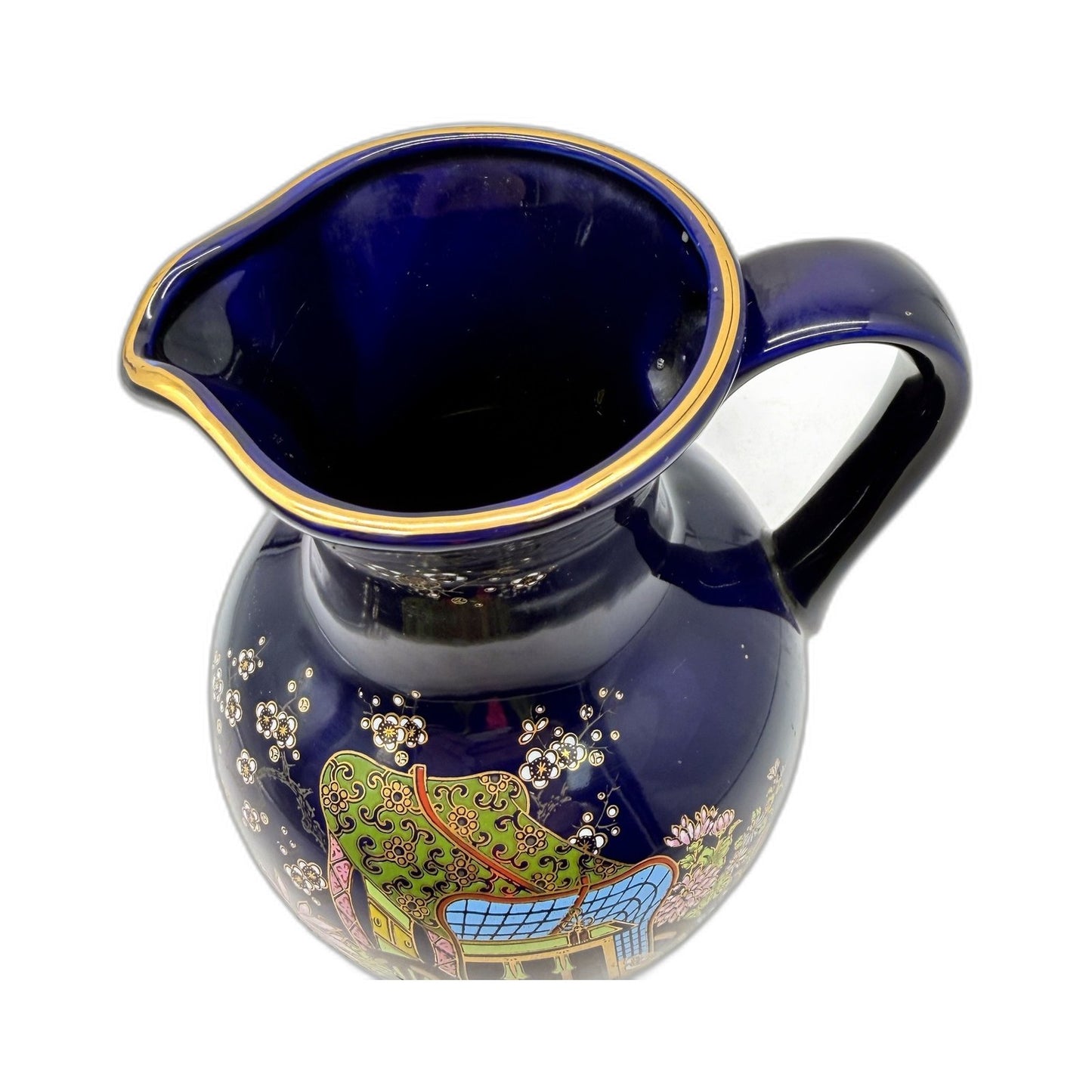 Cobalt Blue Decorative MADE IN JAPAN Ceramic Jug Vase with Vintage Floral Design