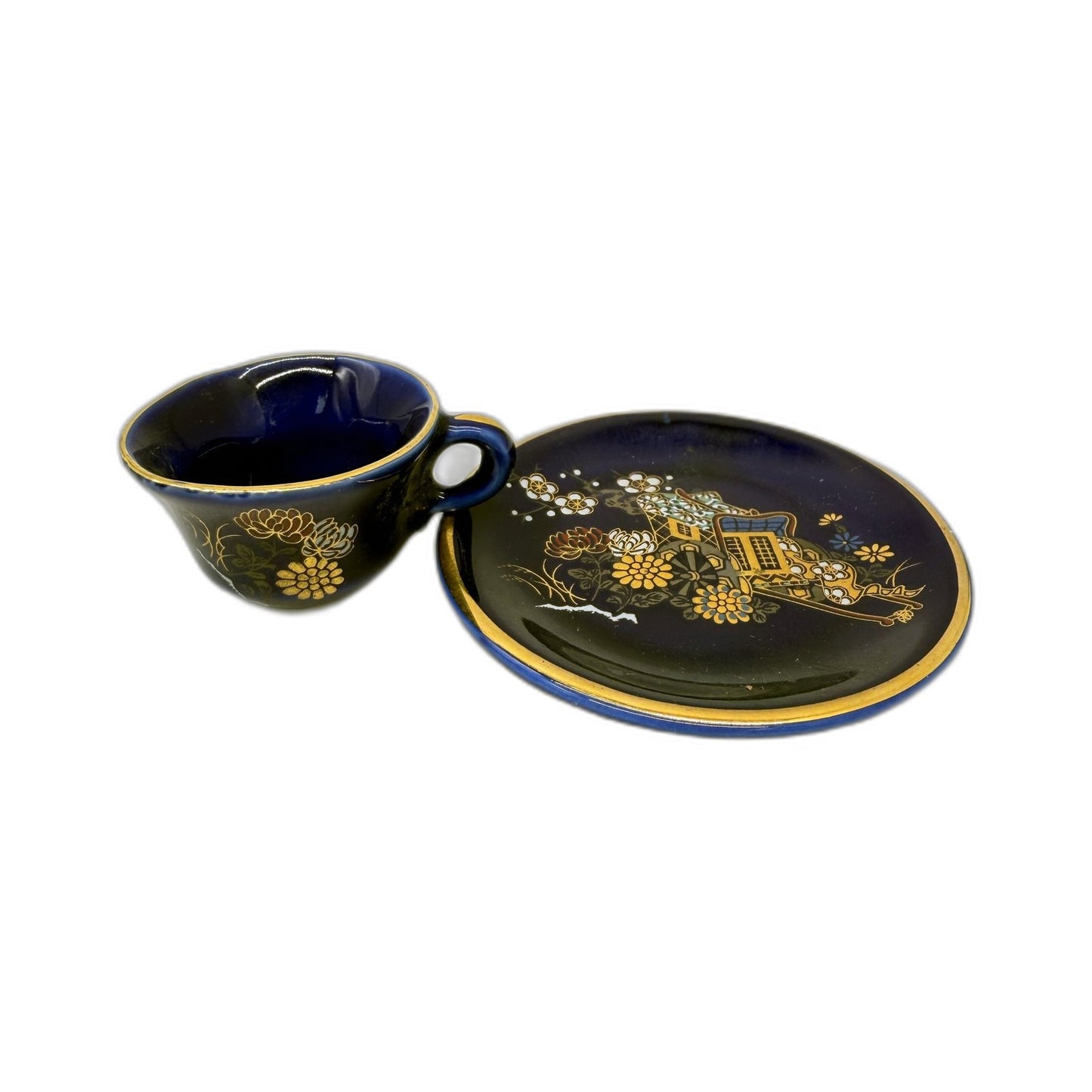 JAPAN Mini Ceramic Teacup and Saucer Set Vintage Floral Landscape Cobalt Blue