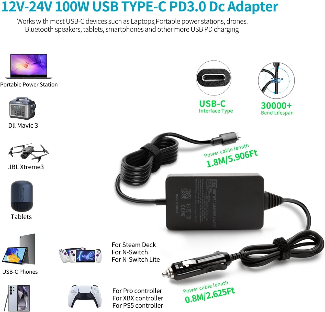 HSXIRQA 100W Car Laptop Charger USB-C for MacBook HP Dell Asus Thinkpad NEW