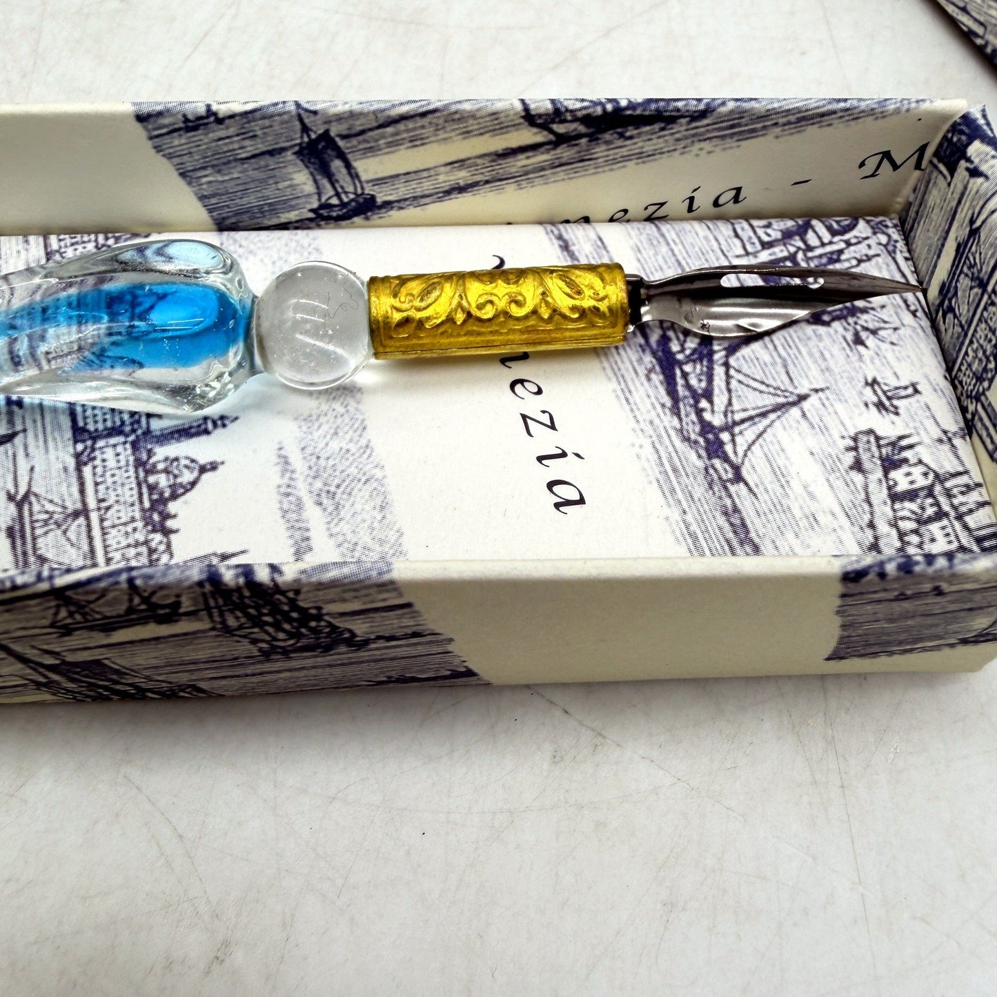 COLLECTABLE Sardi Giampiero Clear & Blue Glass Ink Dip Pen Calligraphy Drawing