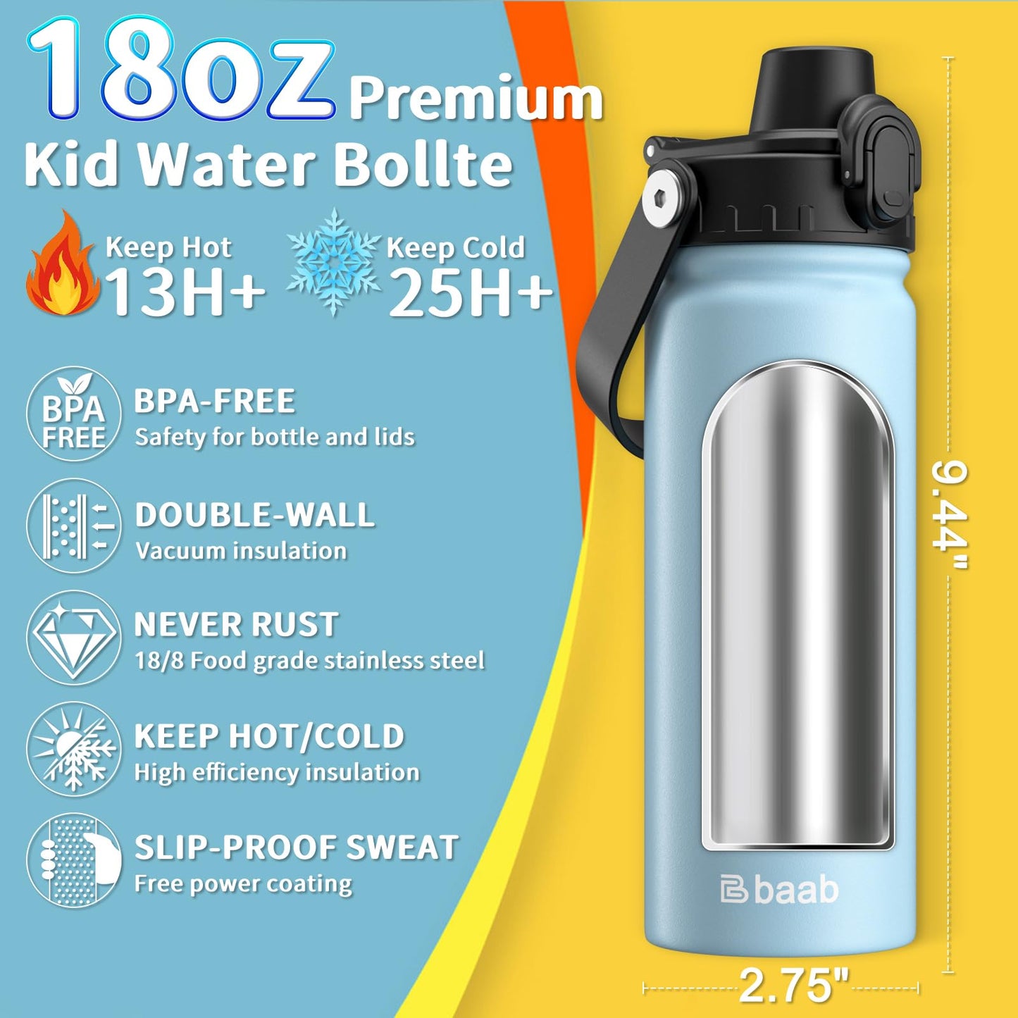 baab Kids Insulated Water Bottle Stainless Steel Drink Flask 2 Pack Navy NEW