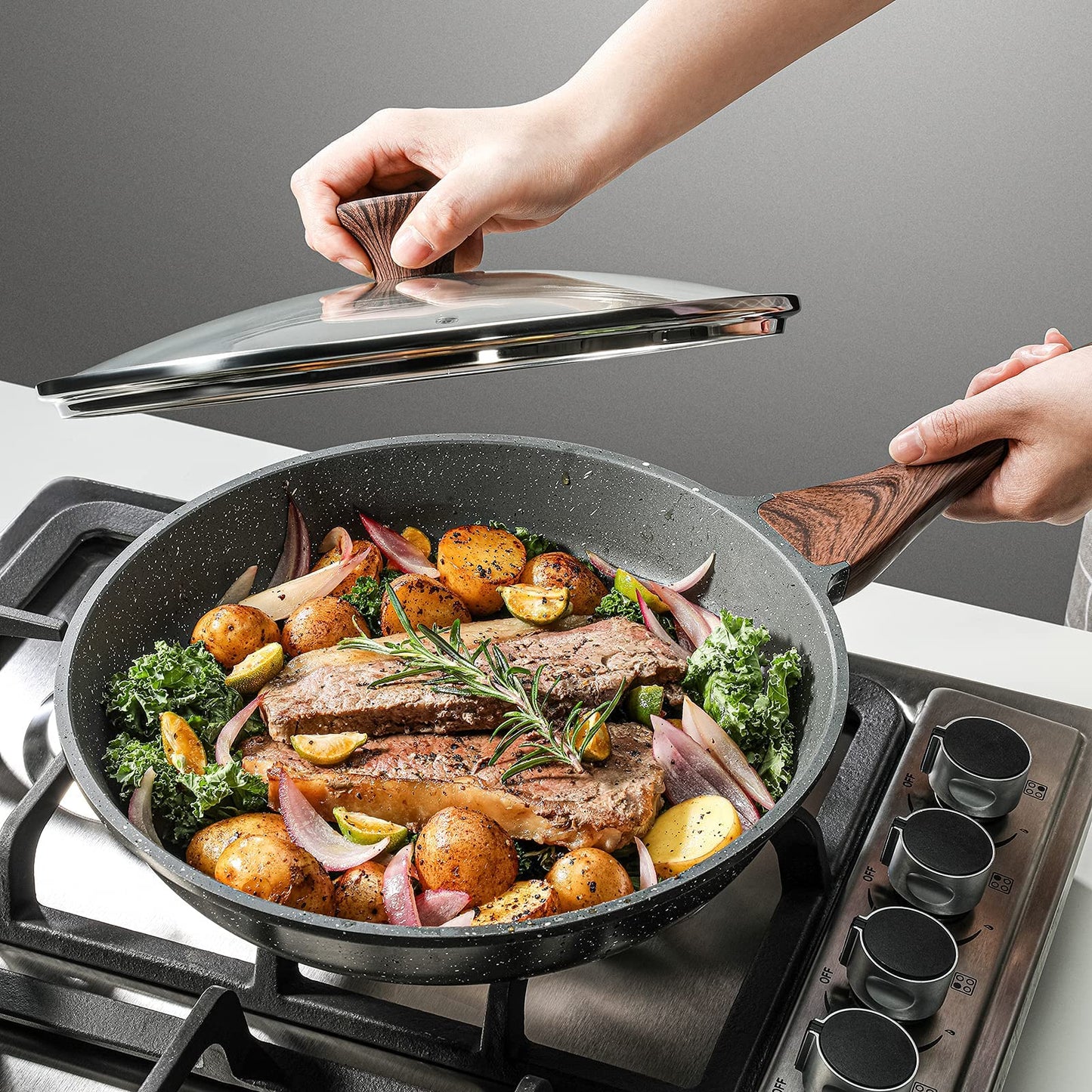 SENSARTE Nonstick Granite Frying Pan Skillet with Lid, Durable Cookware Set DEMO