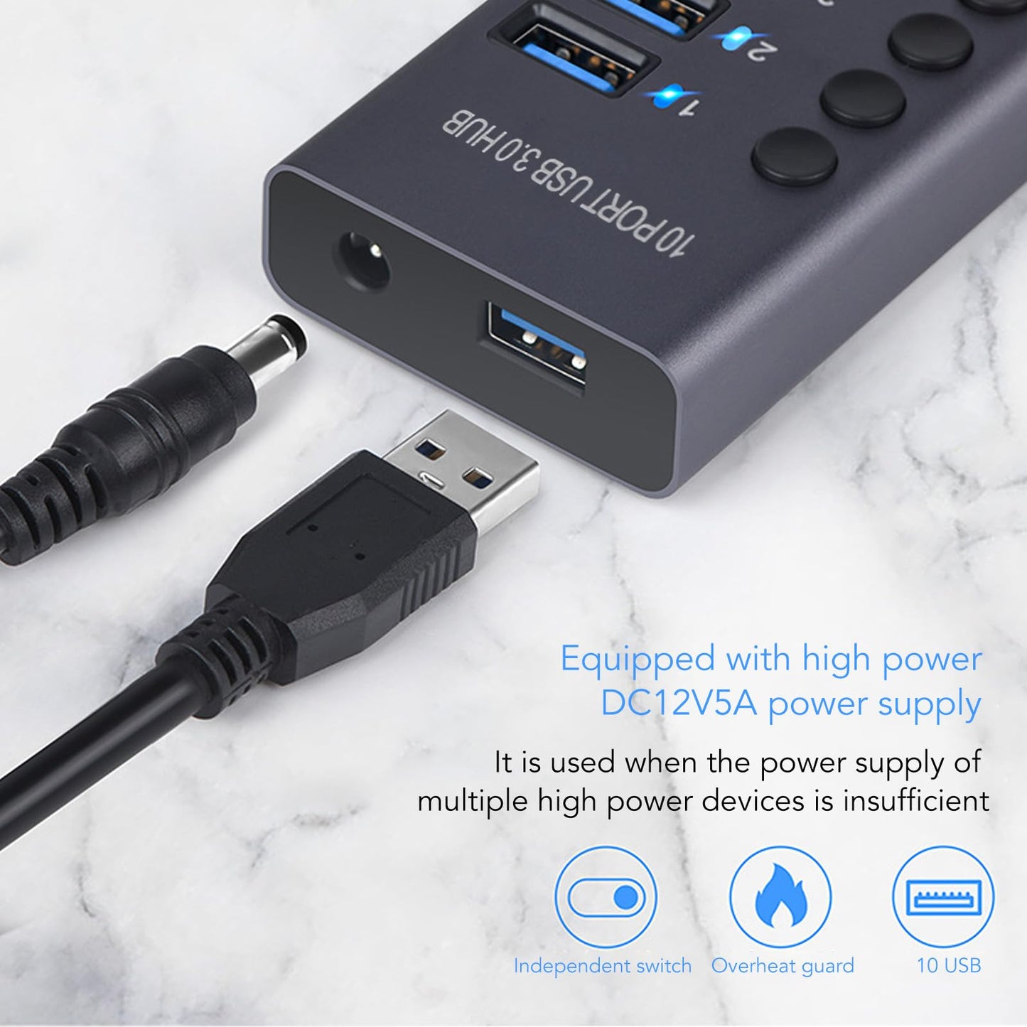 Zopsc Unisex USB Hubs 10 Port USB 3.0 Hub with 60W Power Adapter for DEMO