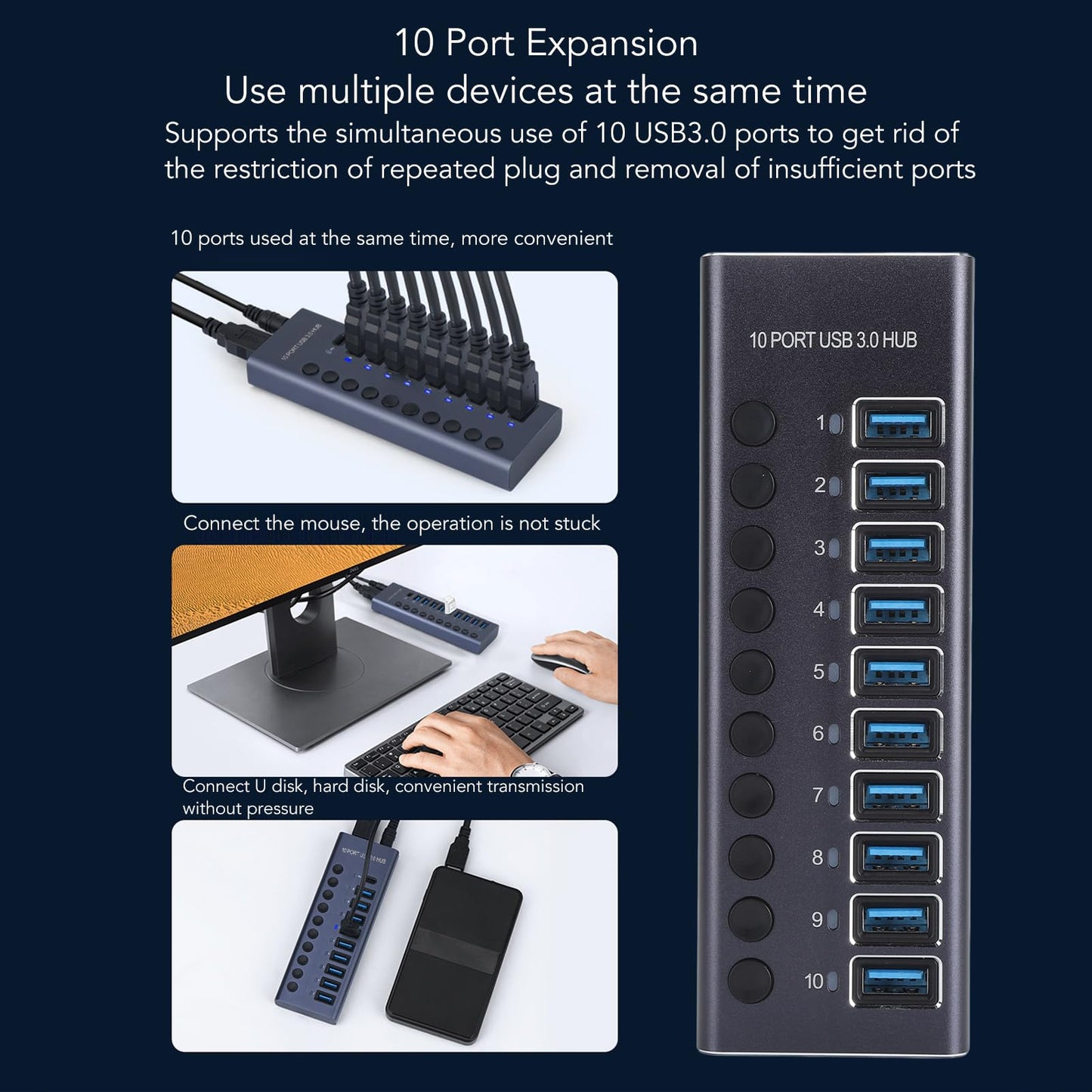 Zopsc Unisex USB Hubs 10 Port USB 3.0 Hub with 60W Power Adapter for DEMO