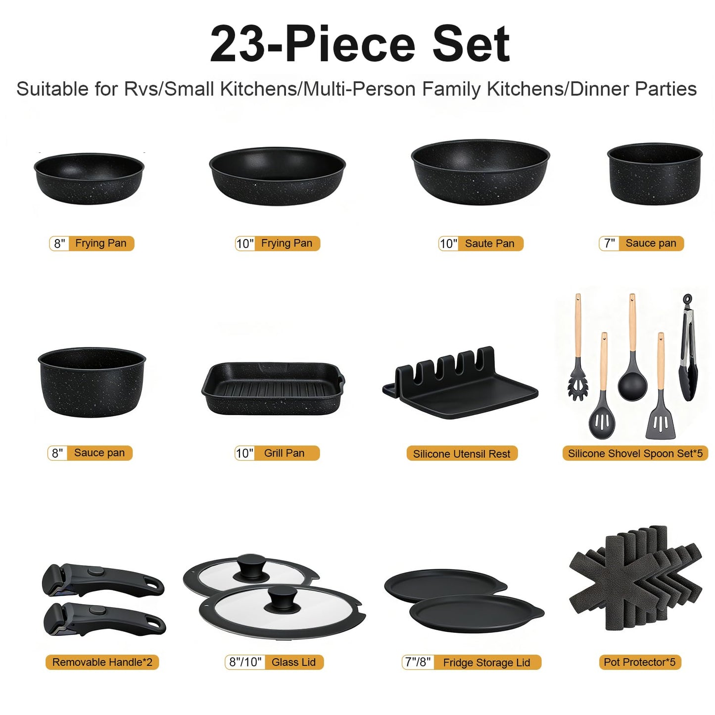 Yildue 23-Piece Pot and Pan Set Detachable Handle Induction Cookware Black DEMO