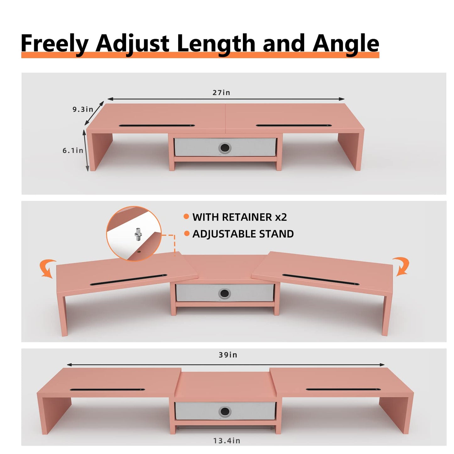 WESTREE Monitor Stand with Drawer 3 Shelf Riser Polycarbonate Desktop Pink NEW