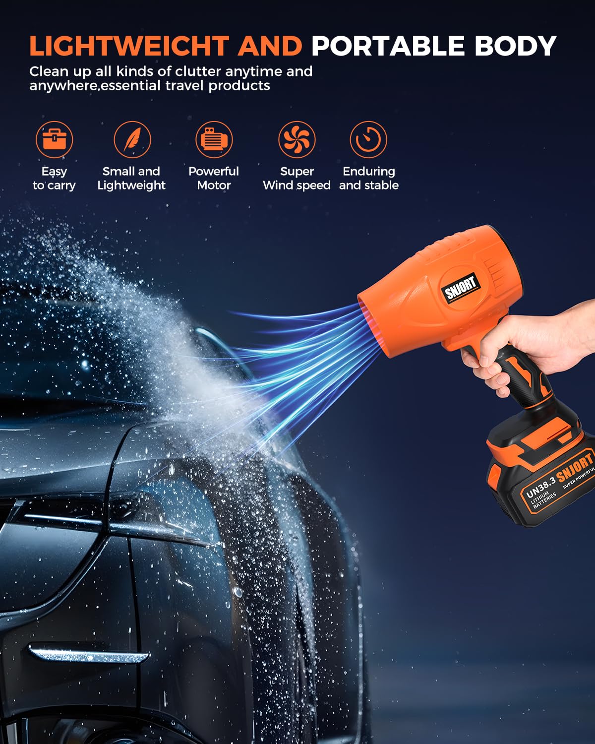 SNJORT Cordless Leaf Blower Extended Nozzle, 2 Batteries & Charger Orange NEW