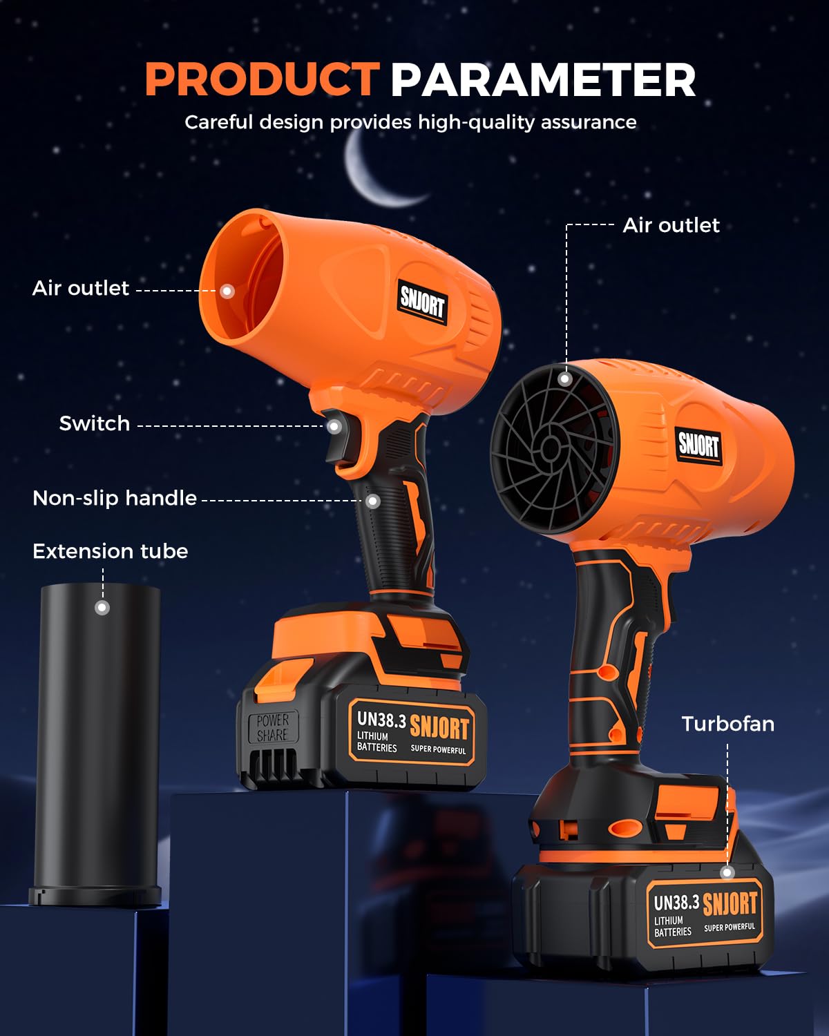 SNJORT Cordless Leaf Blower Extended Nozzle, 2 Batteries & Charger Orange NEW