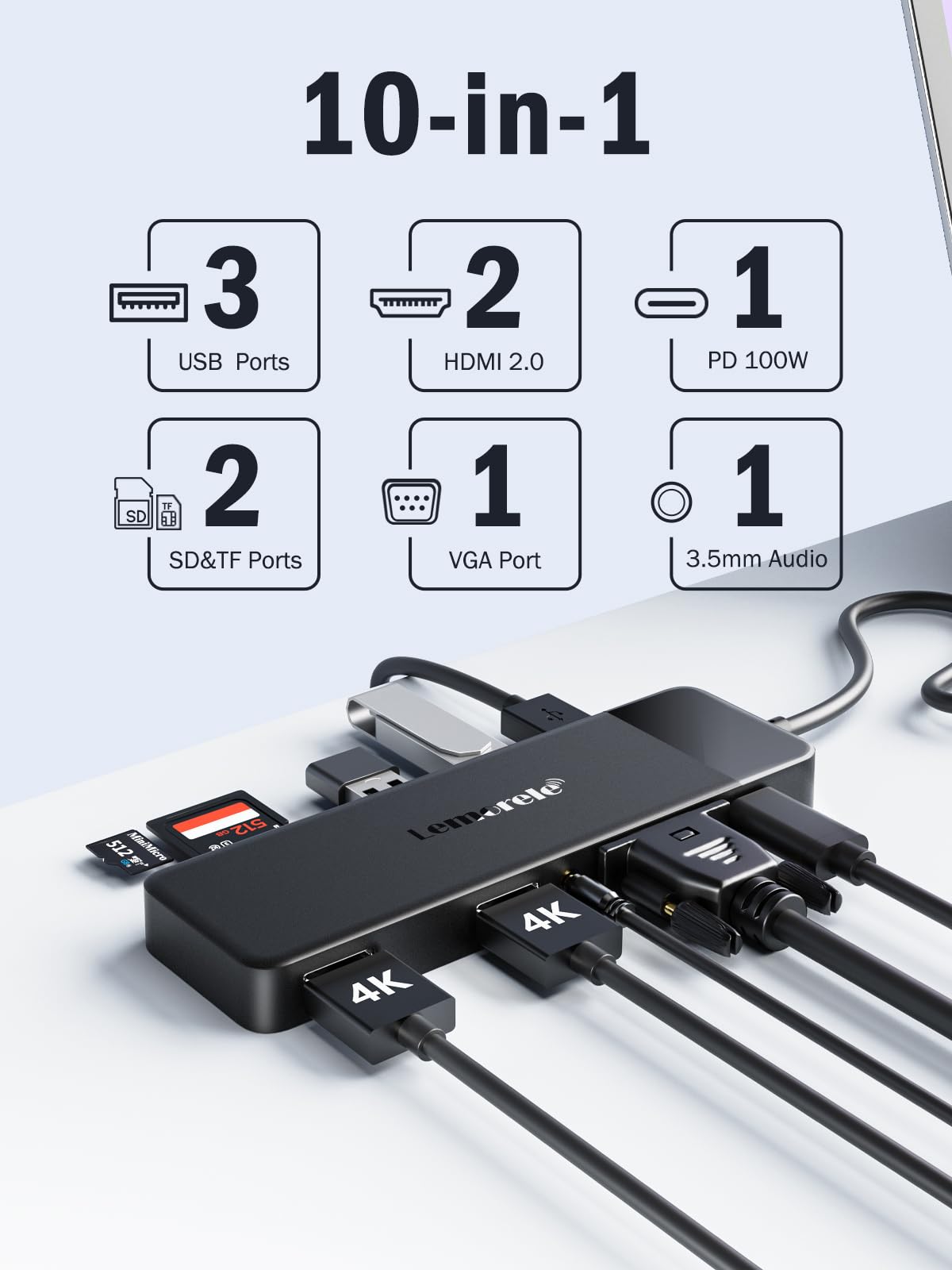 Lemorele USB-C USB Hubs Docking Station 10-in-1 Hub: 3 Displays, 2 HDMI, DEMO