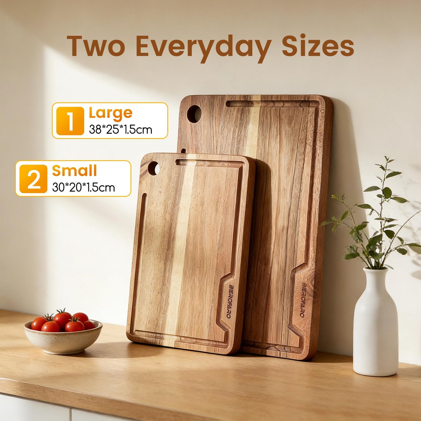 bierofaro Wooden Cutting Board Set 16.5"L x 2"W Brown Kitchen Chopping Mats NEW