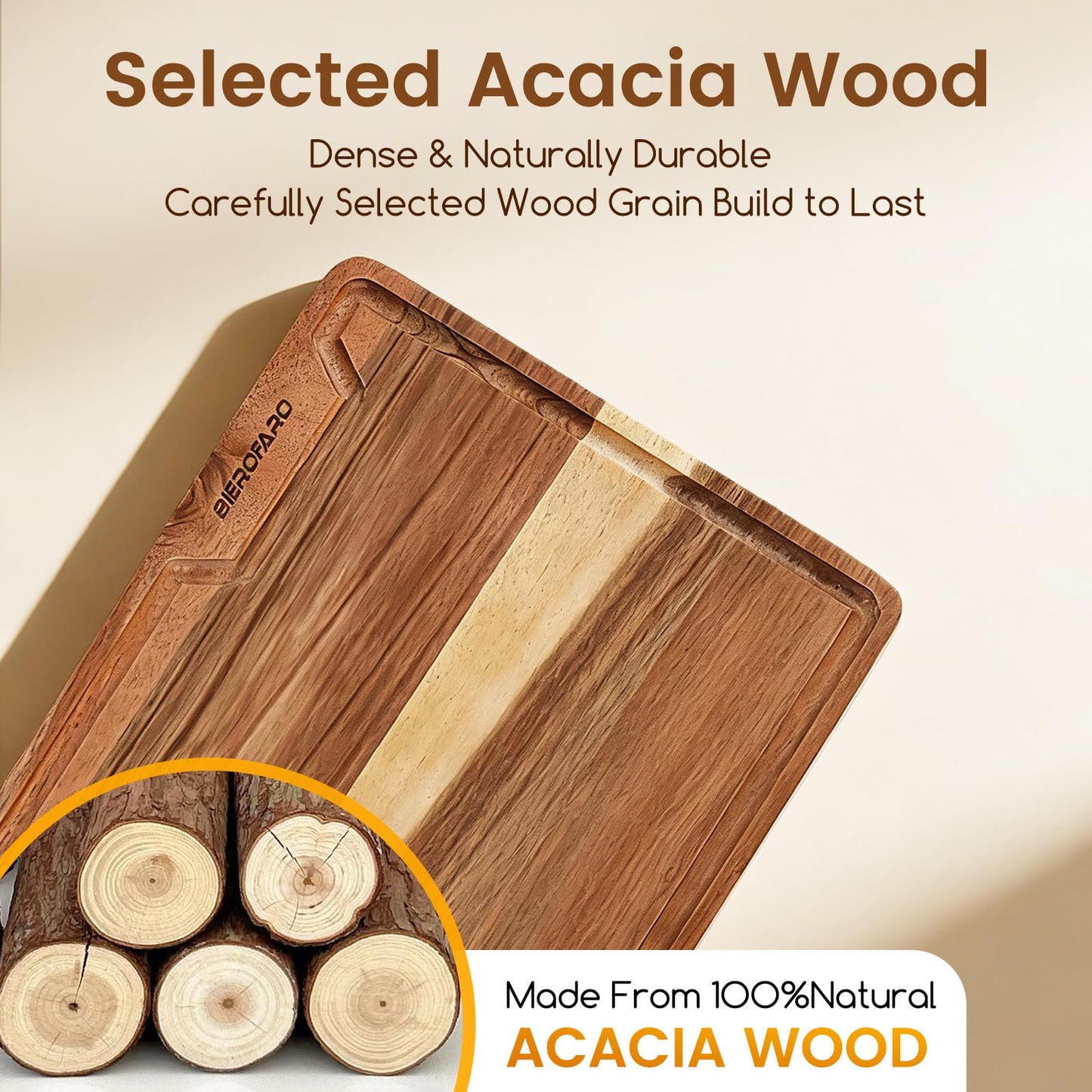 bierofaro Wooden Cutting Board Set 16.5"L x 2"W Brown Kitchen Chopping Mats NEW